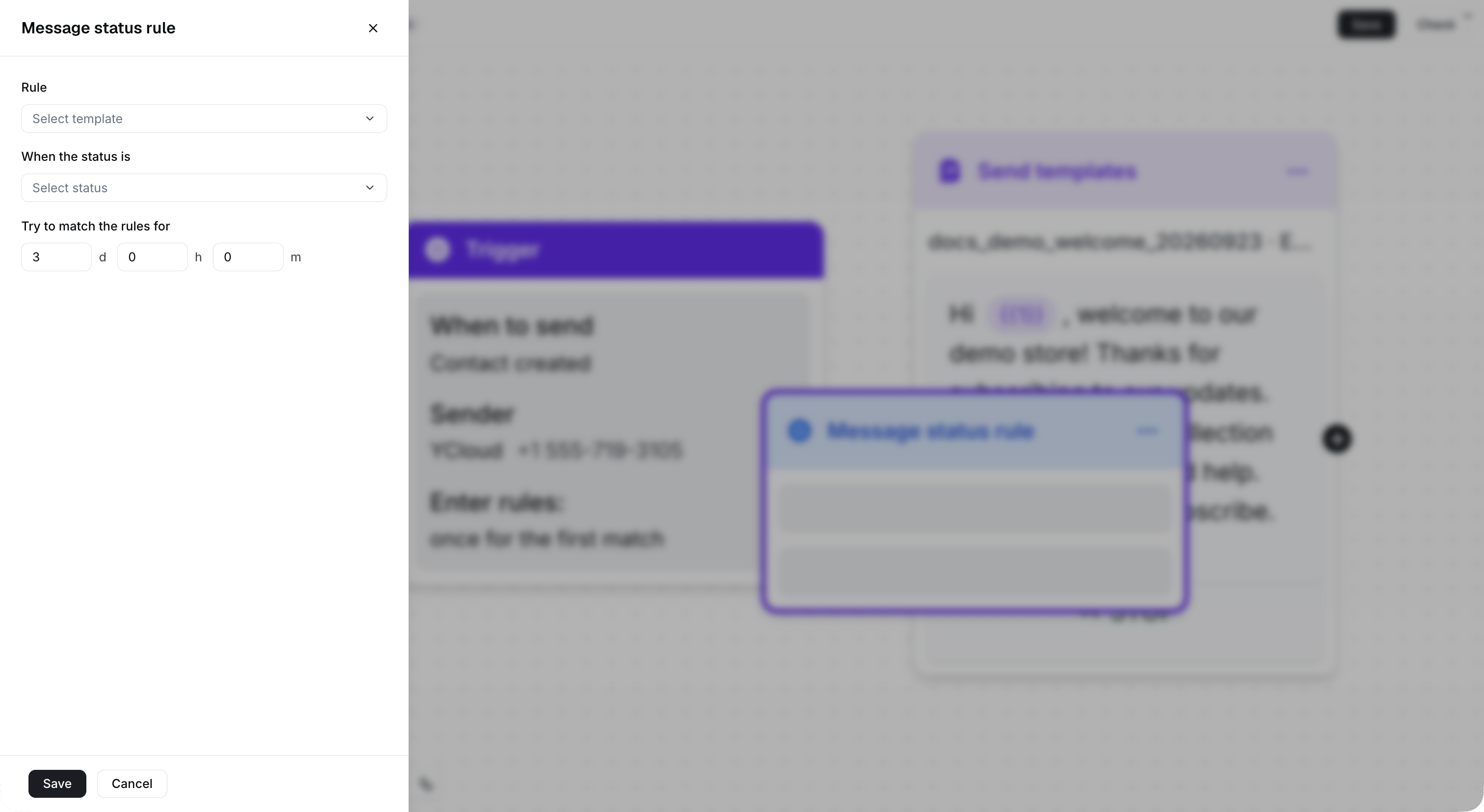 Manually added Message status rule with its configuration drawer open over the Journey.