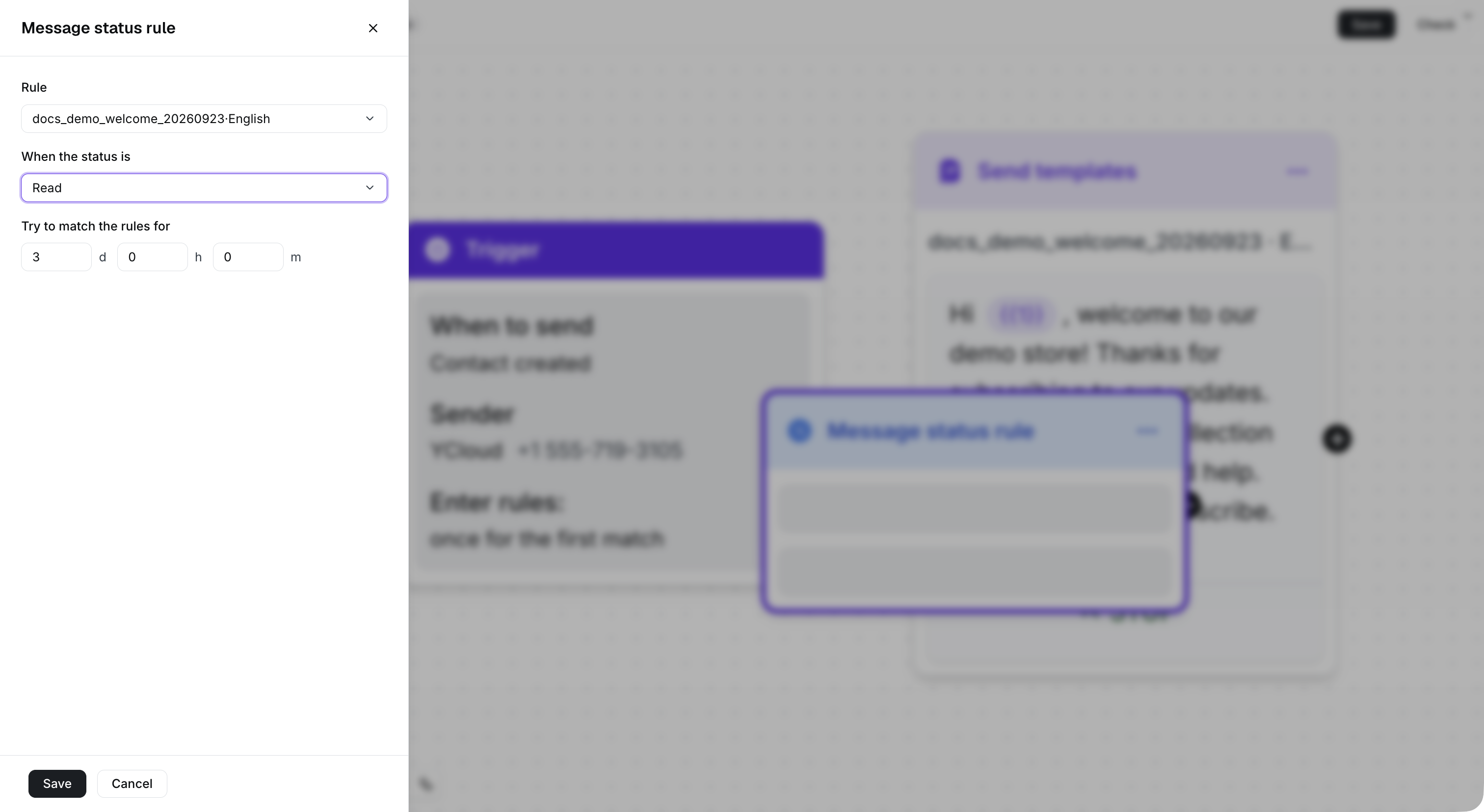 Regra de status da mensagem configurada para verificar Lido dentro de três dias.