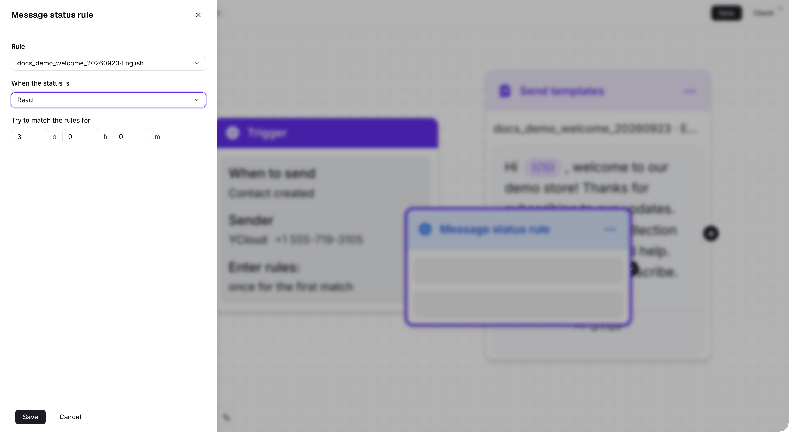 Message status rule configured to check Read within three days.