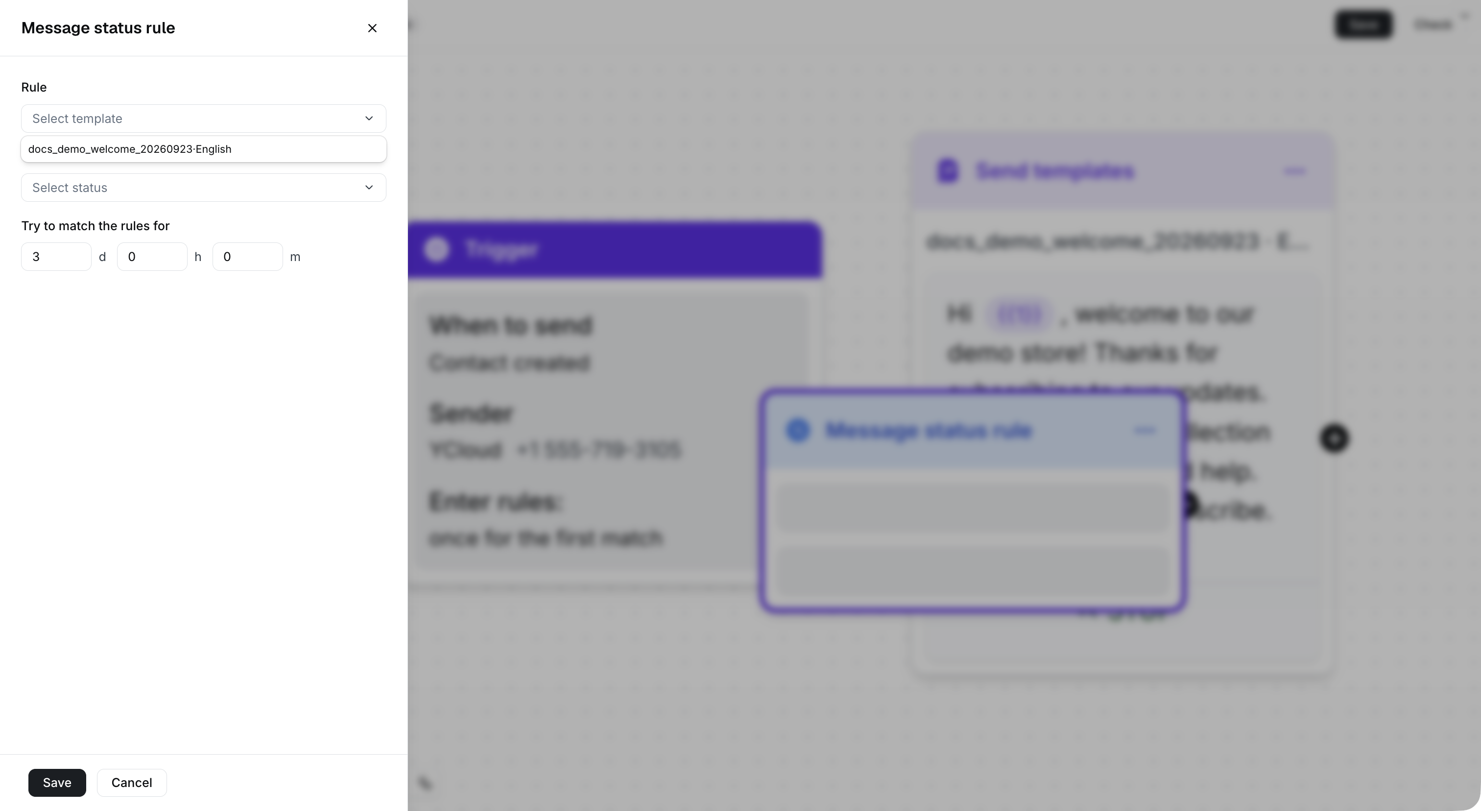 Seleção de modelo no editor de Regra de status da mensagem.