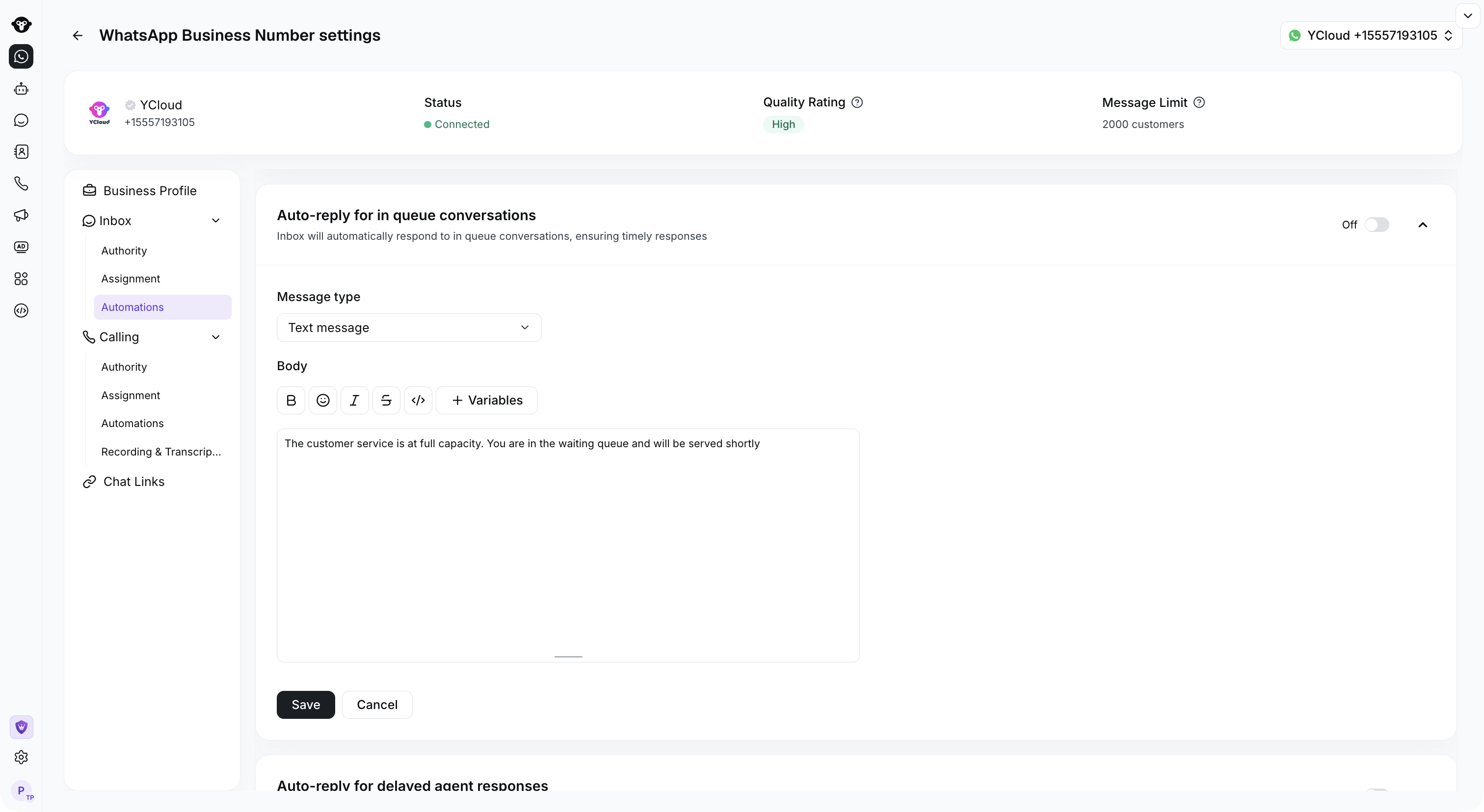 Página completa de Automatizaciones de números que muestra el editor de respuestas en cola con la automatización desactivada.