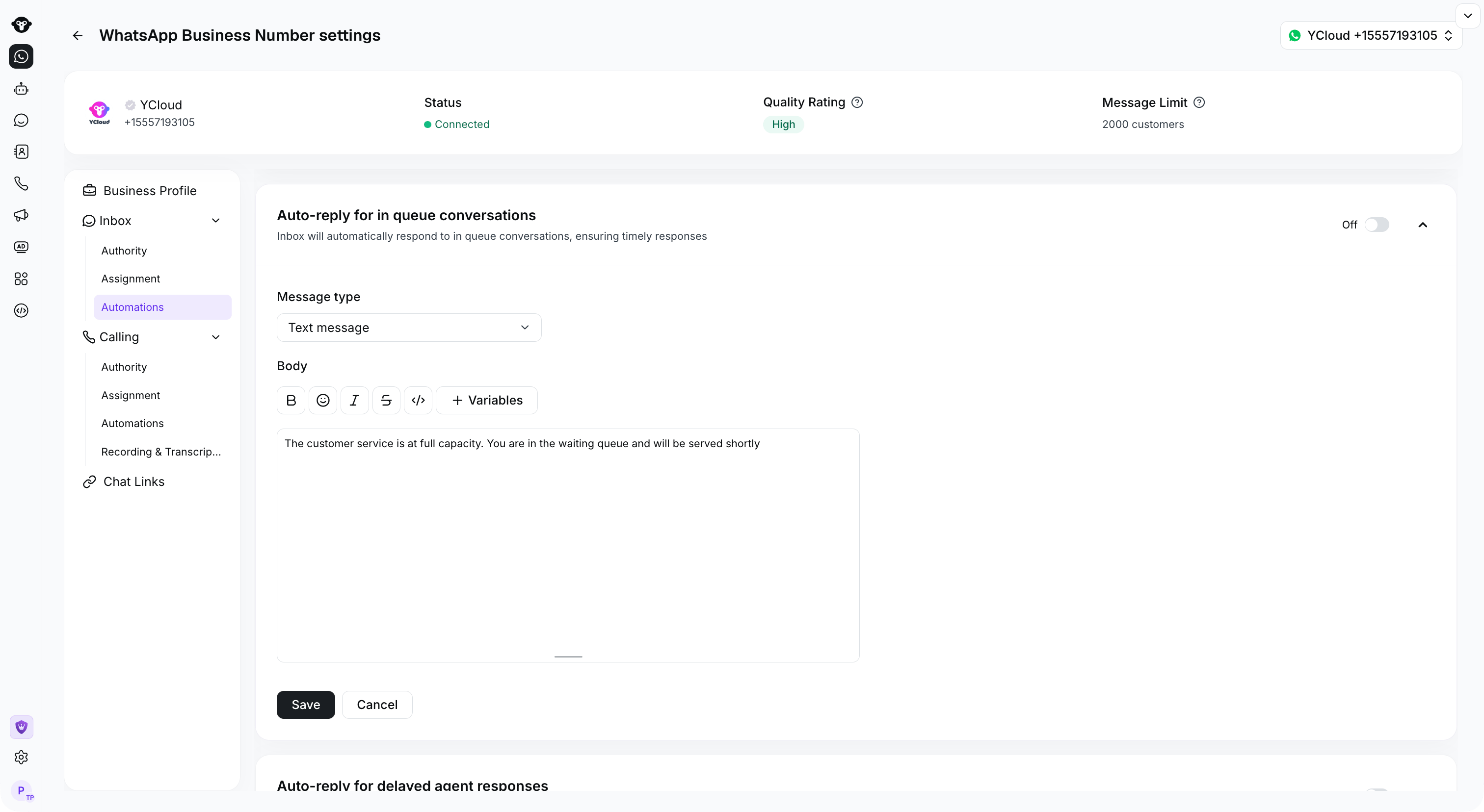 Full number Automations page showing the in-queue reply editor with the automation off.