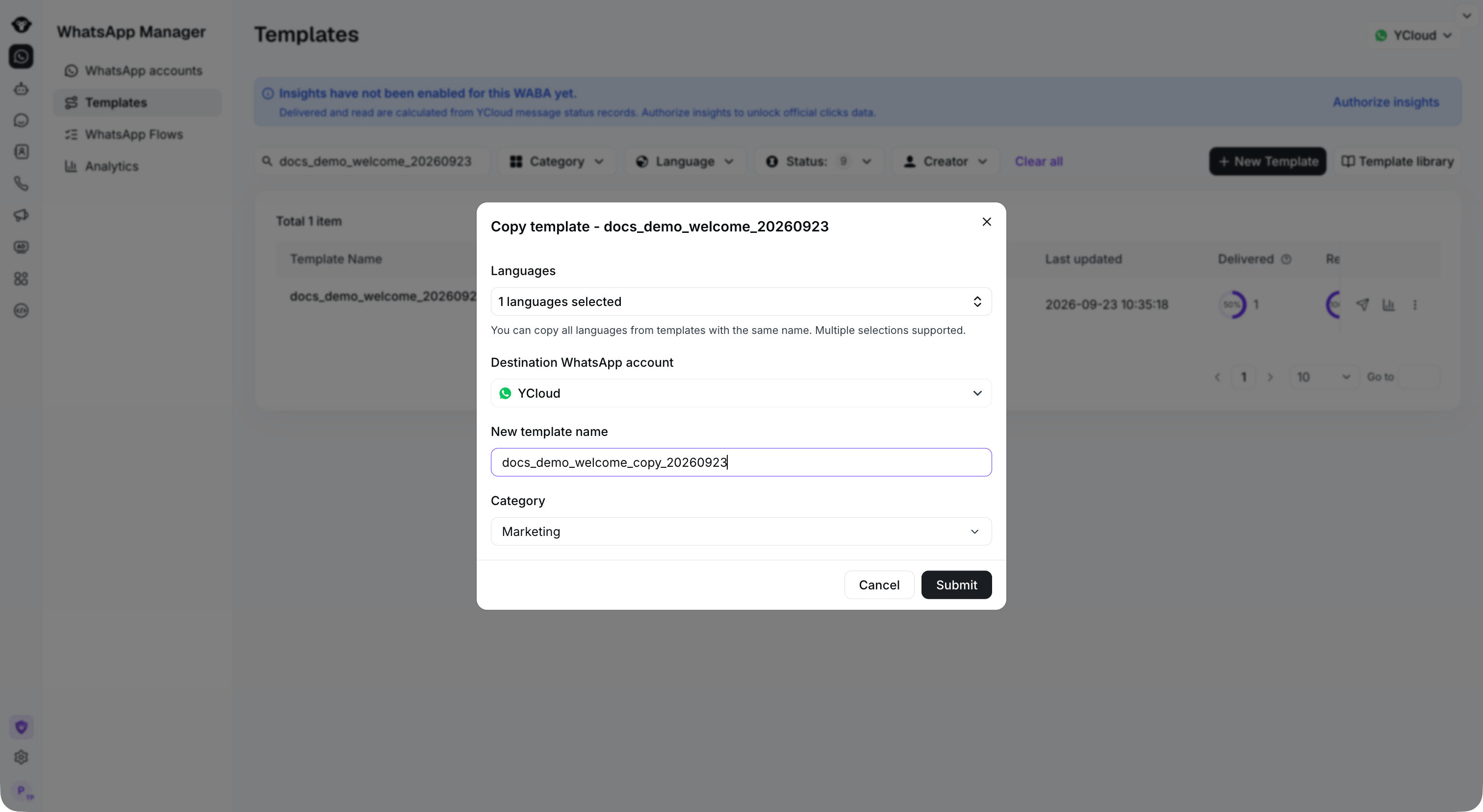 Full Templates page with copy configuration