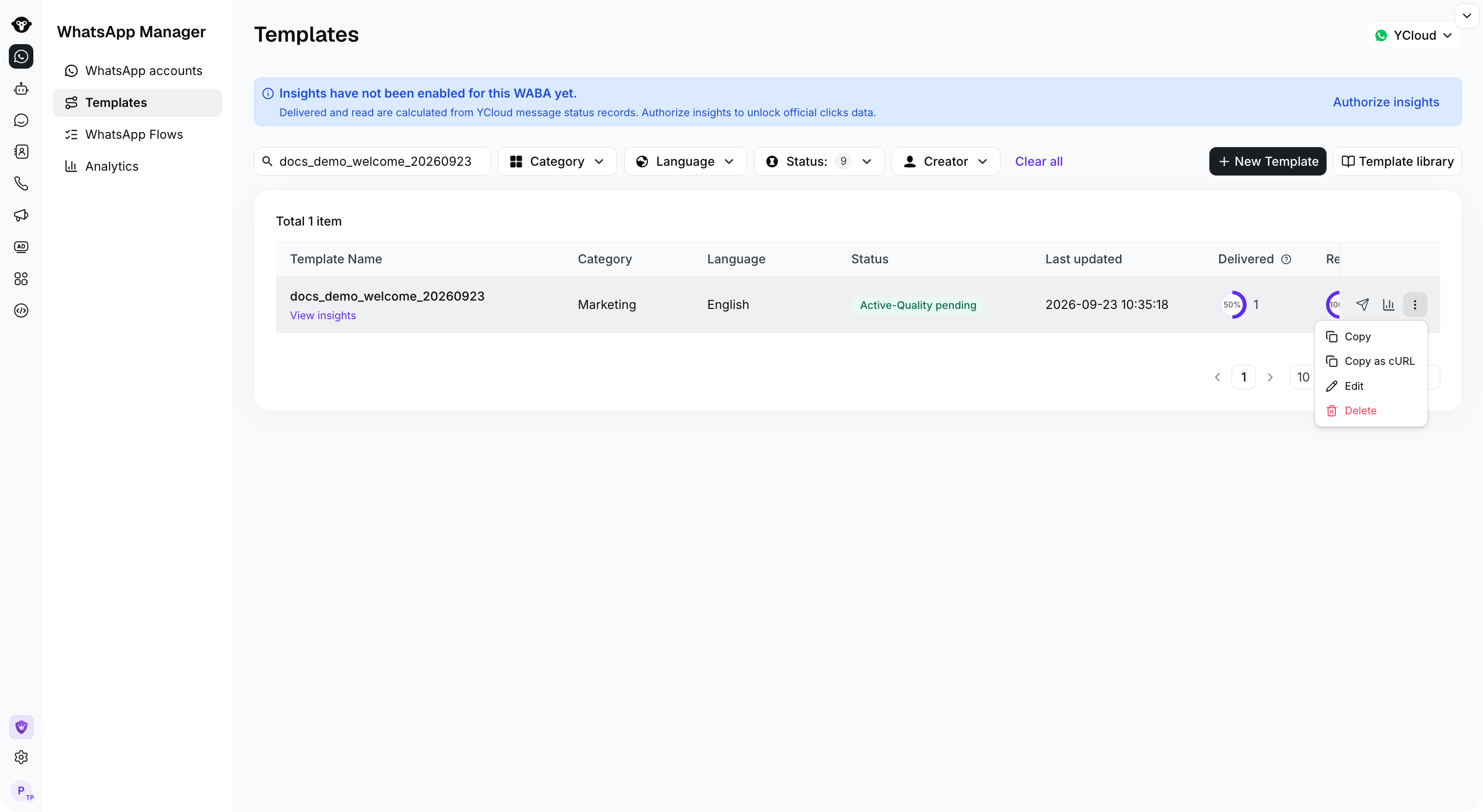 Full Templates page with Copy action