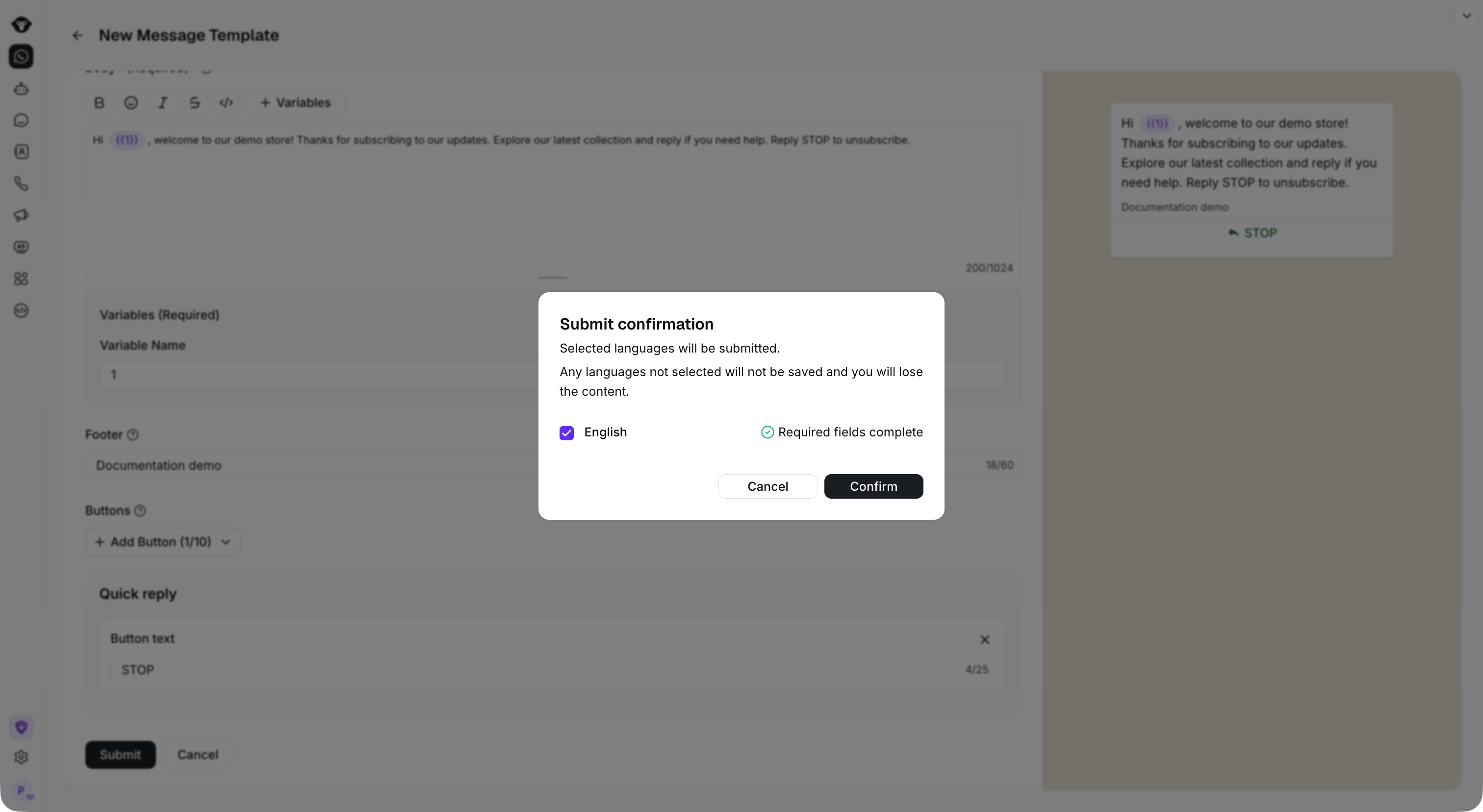 Submission confirmation with English selected and required fields complete