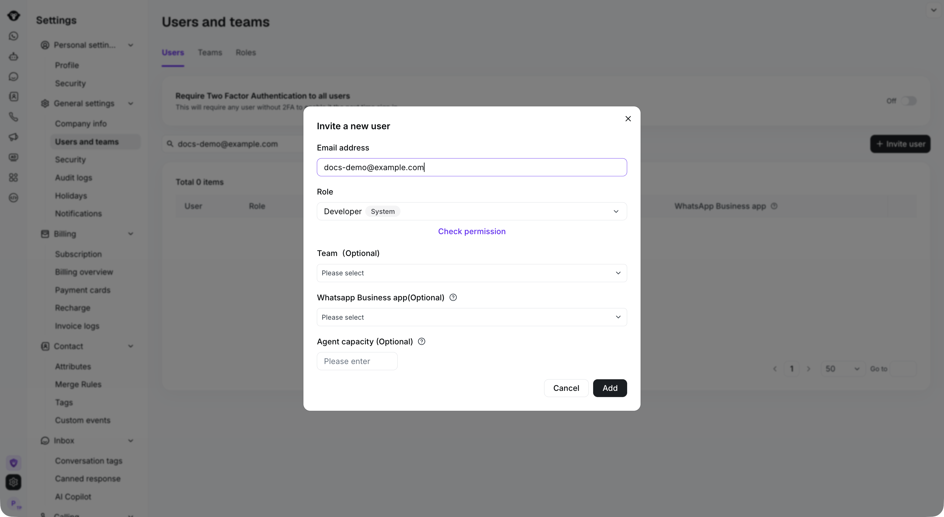 Full Users and teams page behind an unsent invitation form.