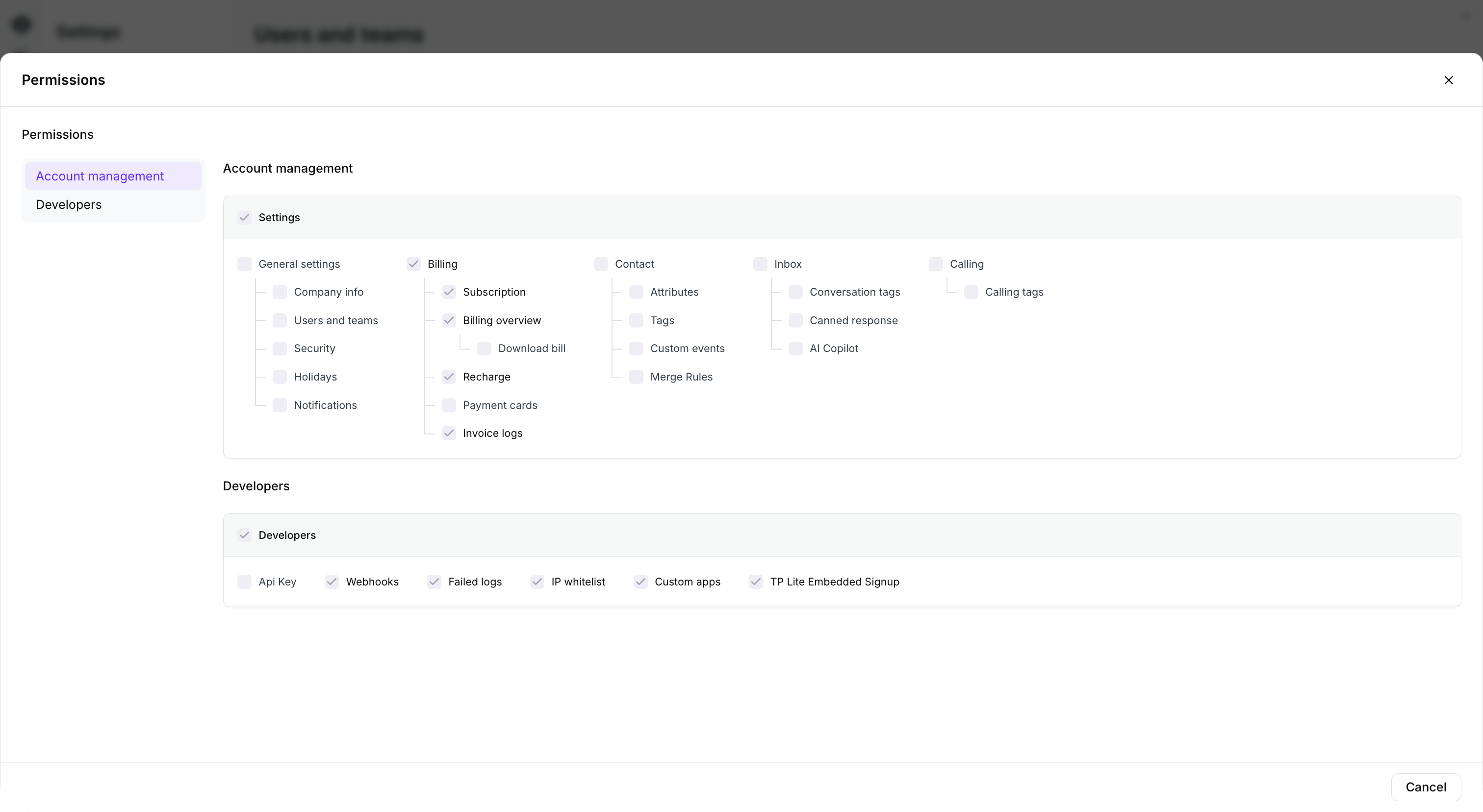 Read-only permission preview for the Developer system role.