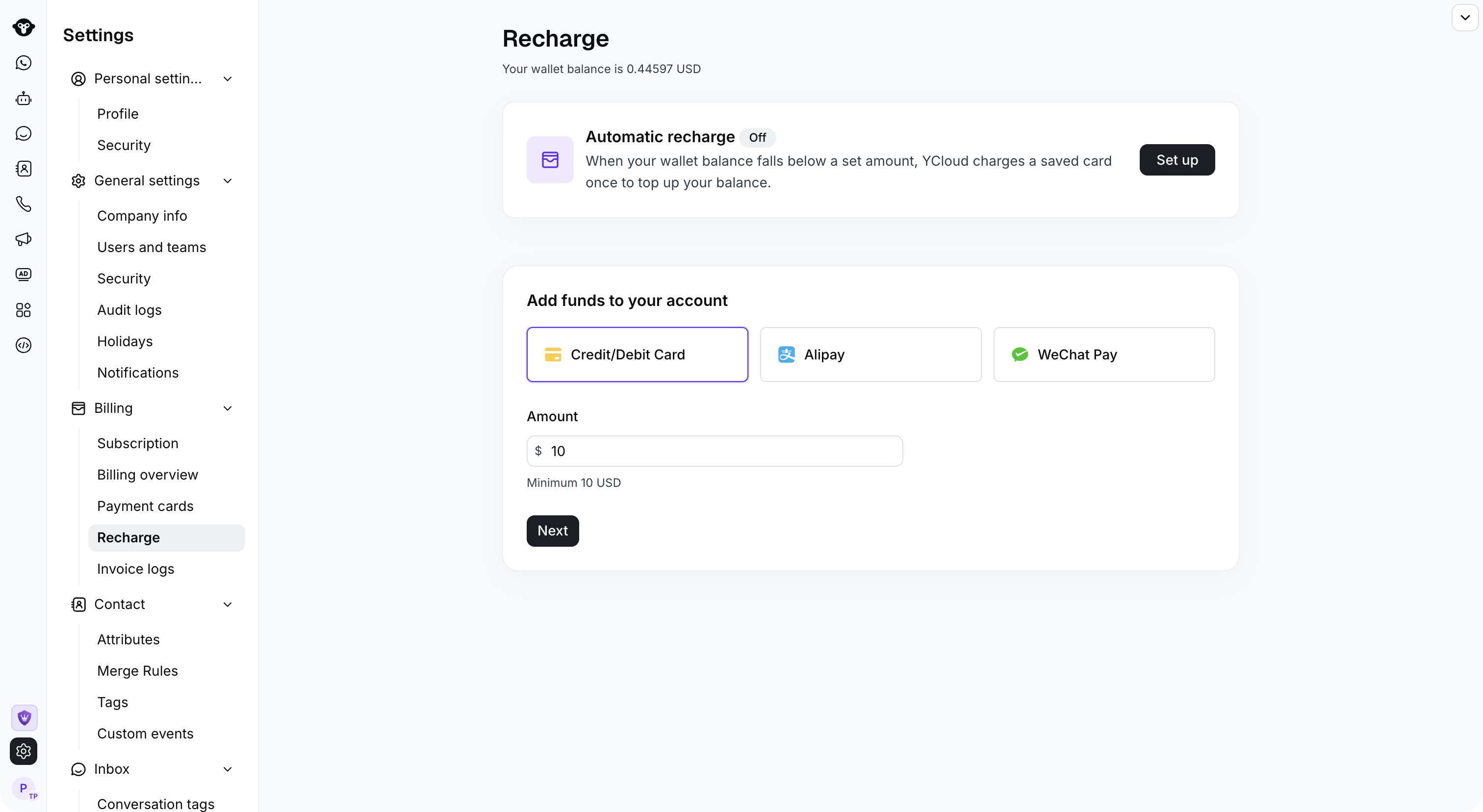 Recharge page with Credit/Debit Card, Alipay, and WeChat Pay options