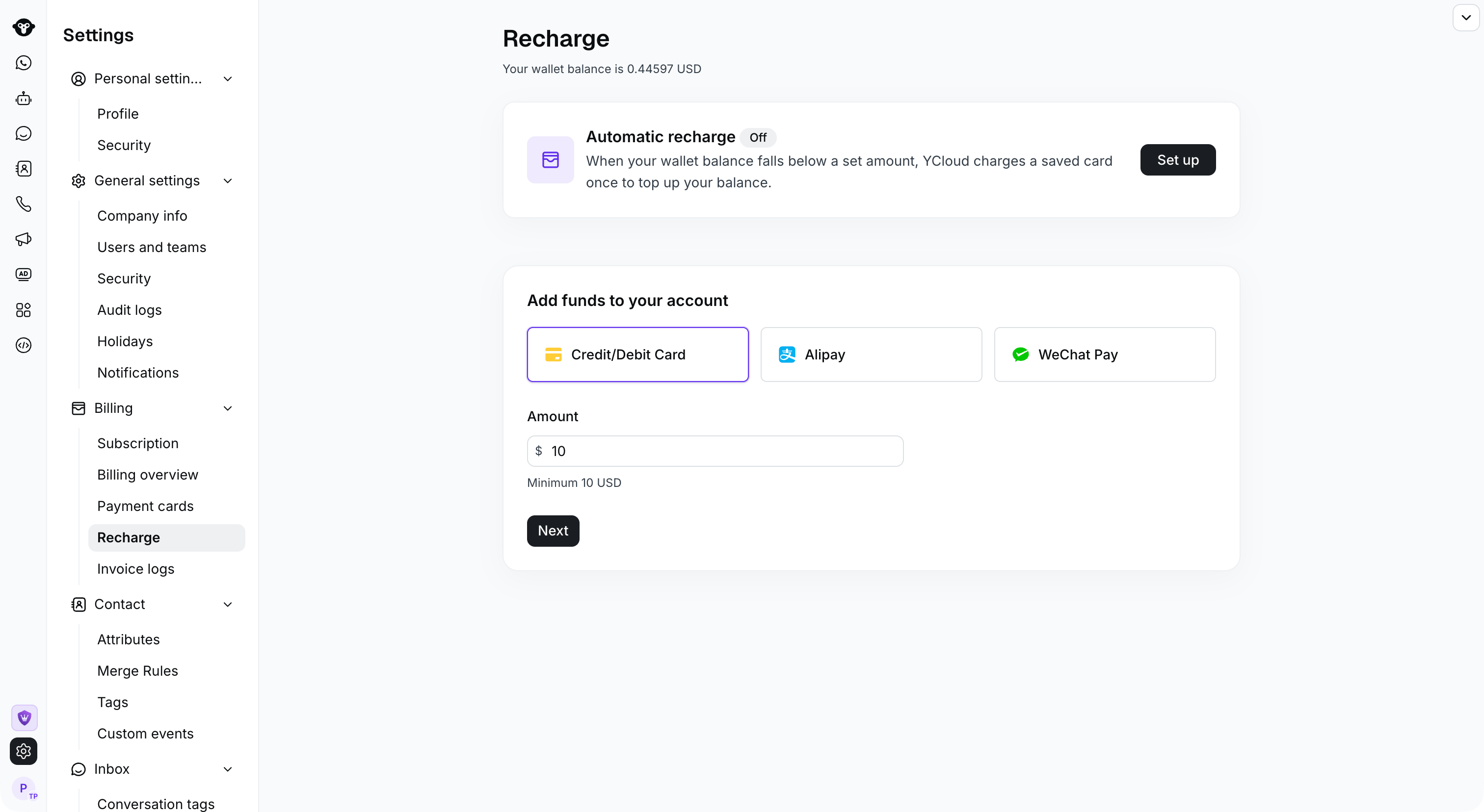 Recharge page with Credit/Debit Card, Alipay, and WeChat Pay options