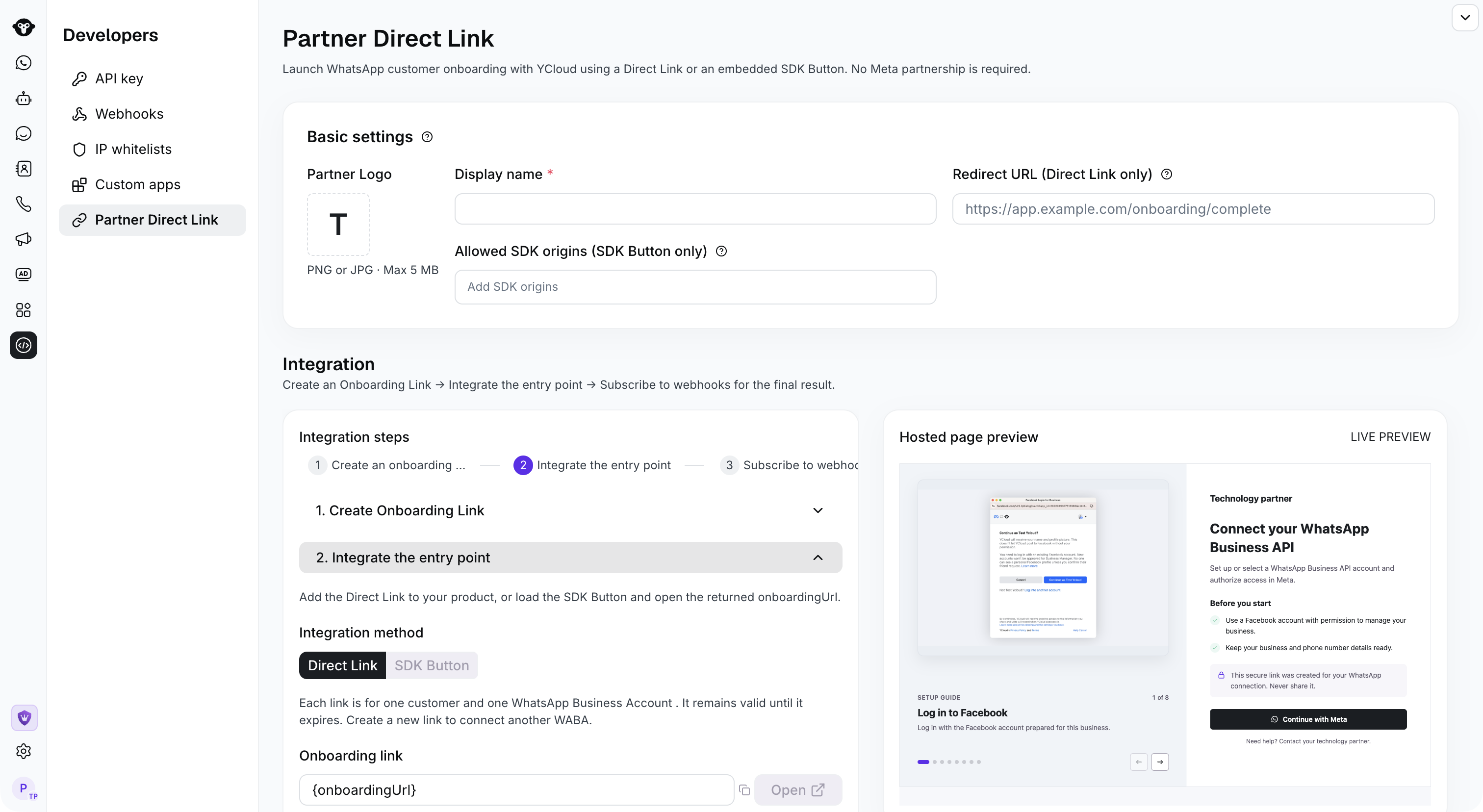 Интеграция Direct Link с плейсхолдером URL онбординга и предварительным просмотром страницы регистрации клиента