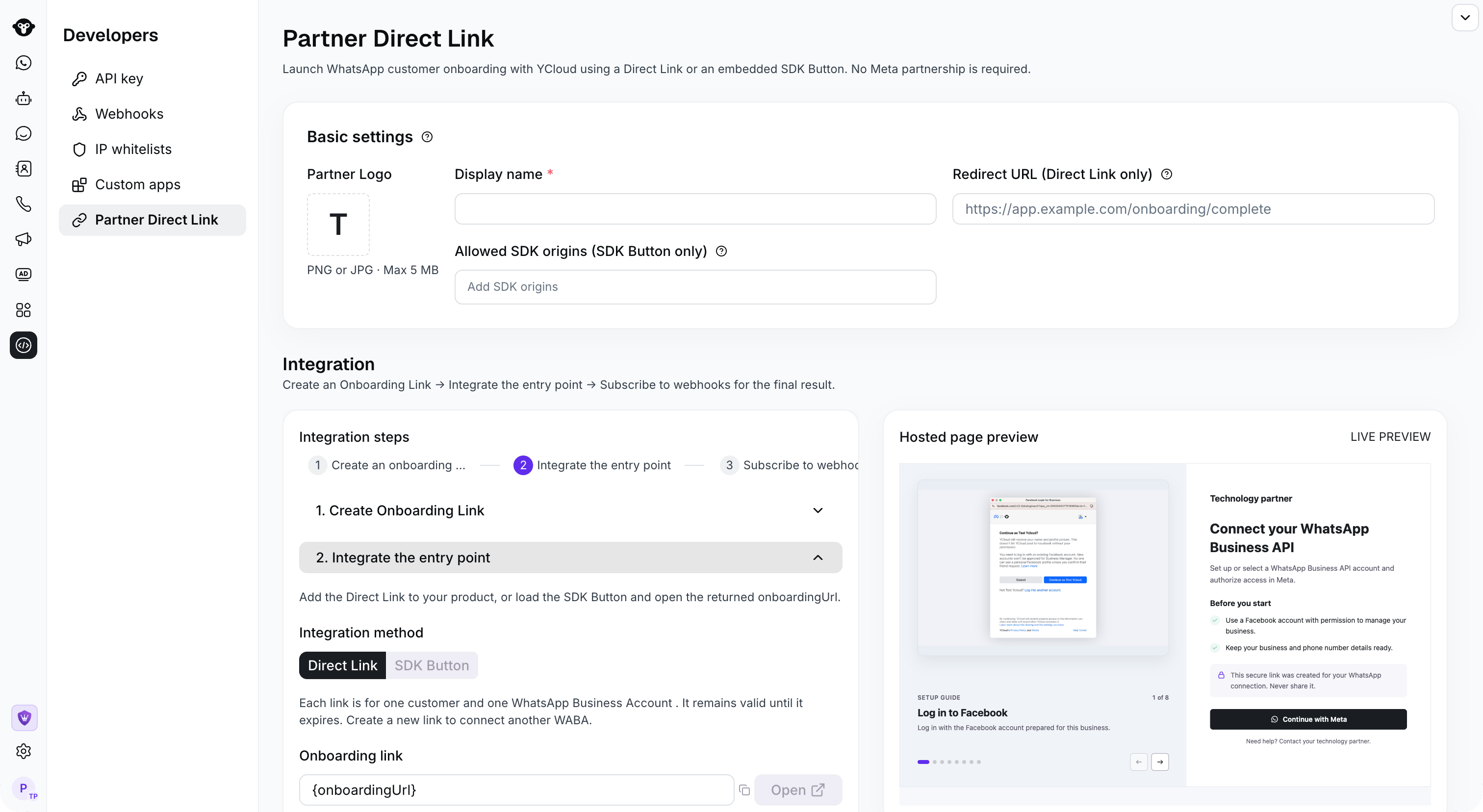Direct Link integration with an onboarding URL placeholder and a preview of the customer signup page