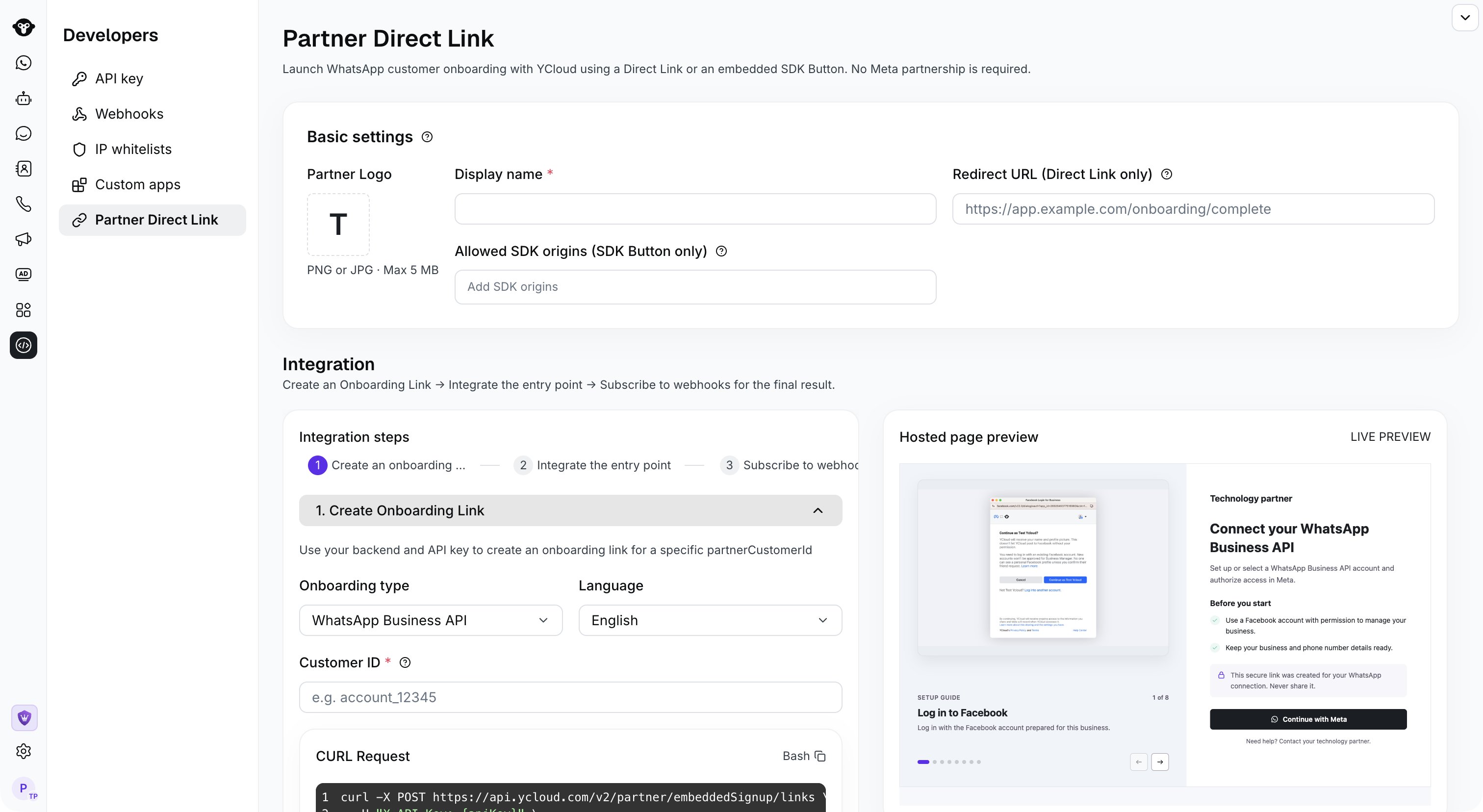 Страница Partner Direct Link с основными настройками и предпросмотром размещенной страницы регистрации
