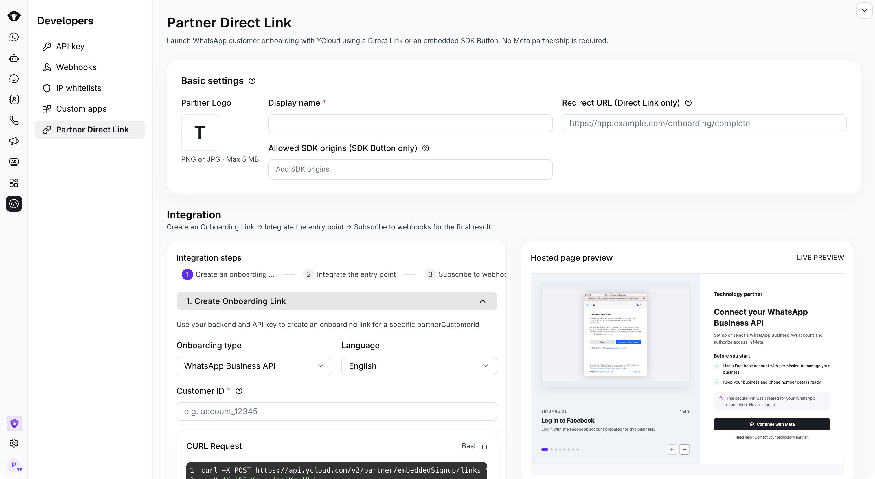 Partner Direct Link page with Basic settings and the hosted signup preview