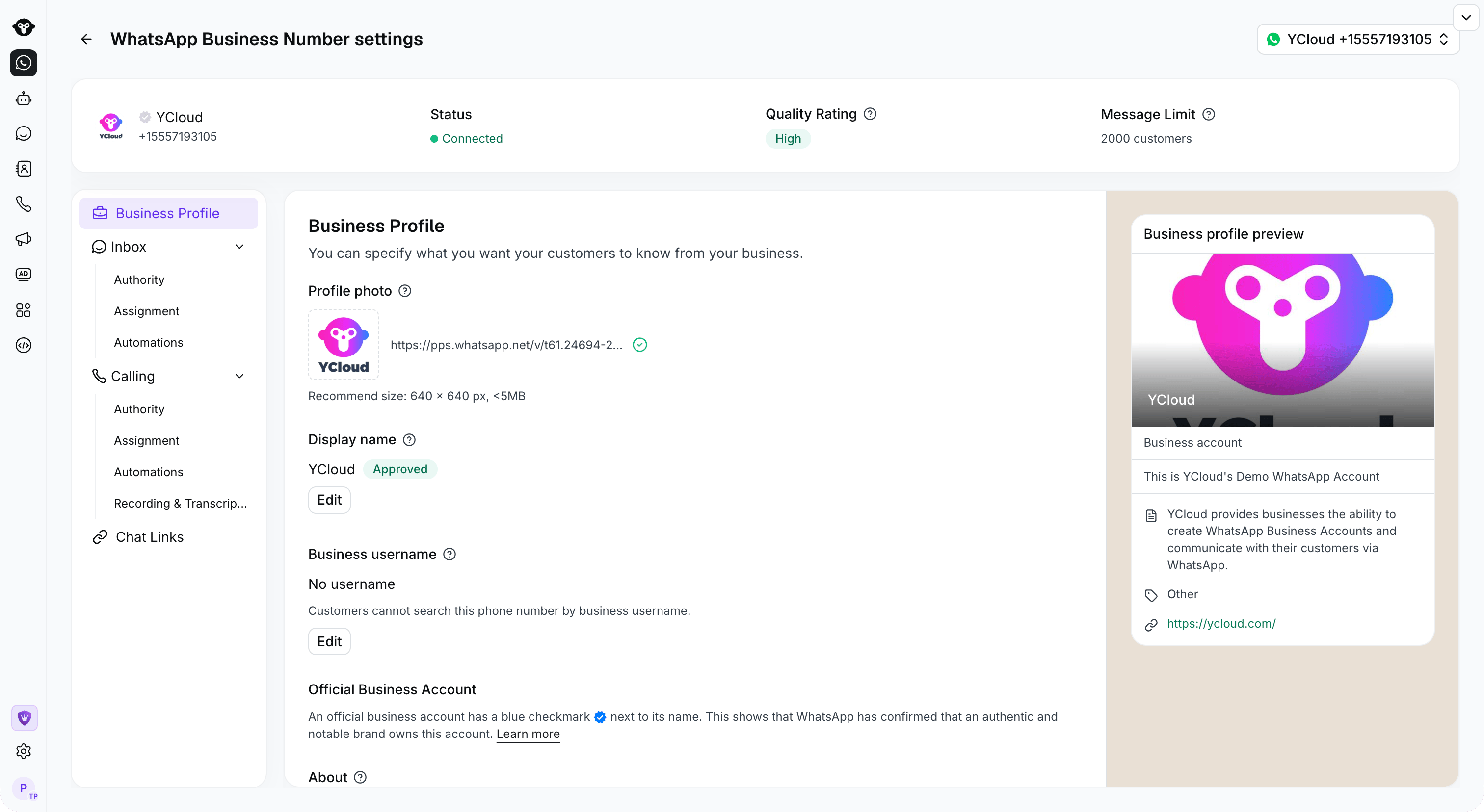 WhatsApp Business Number settings for the YCloud demo number with Business Profile and status information