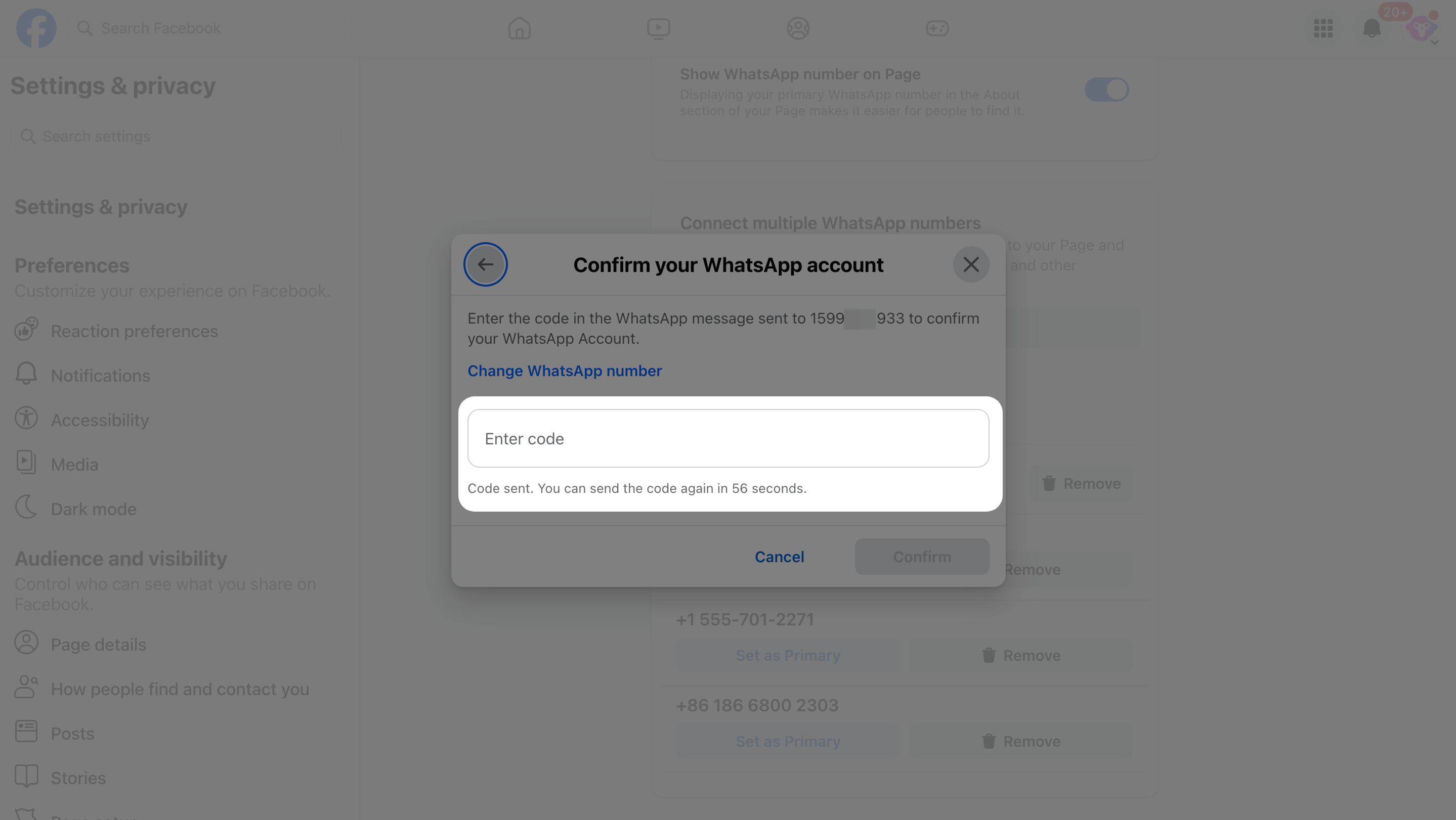 Facebook Page WhatsApp linking flow for a WhatsApp Business App number