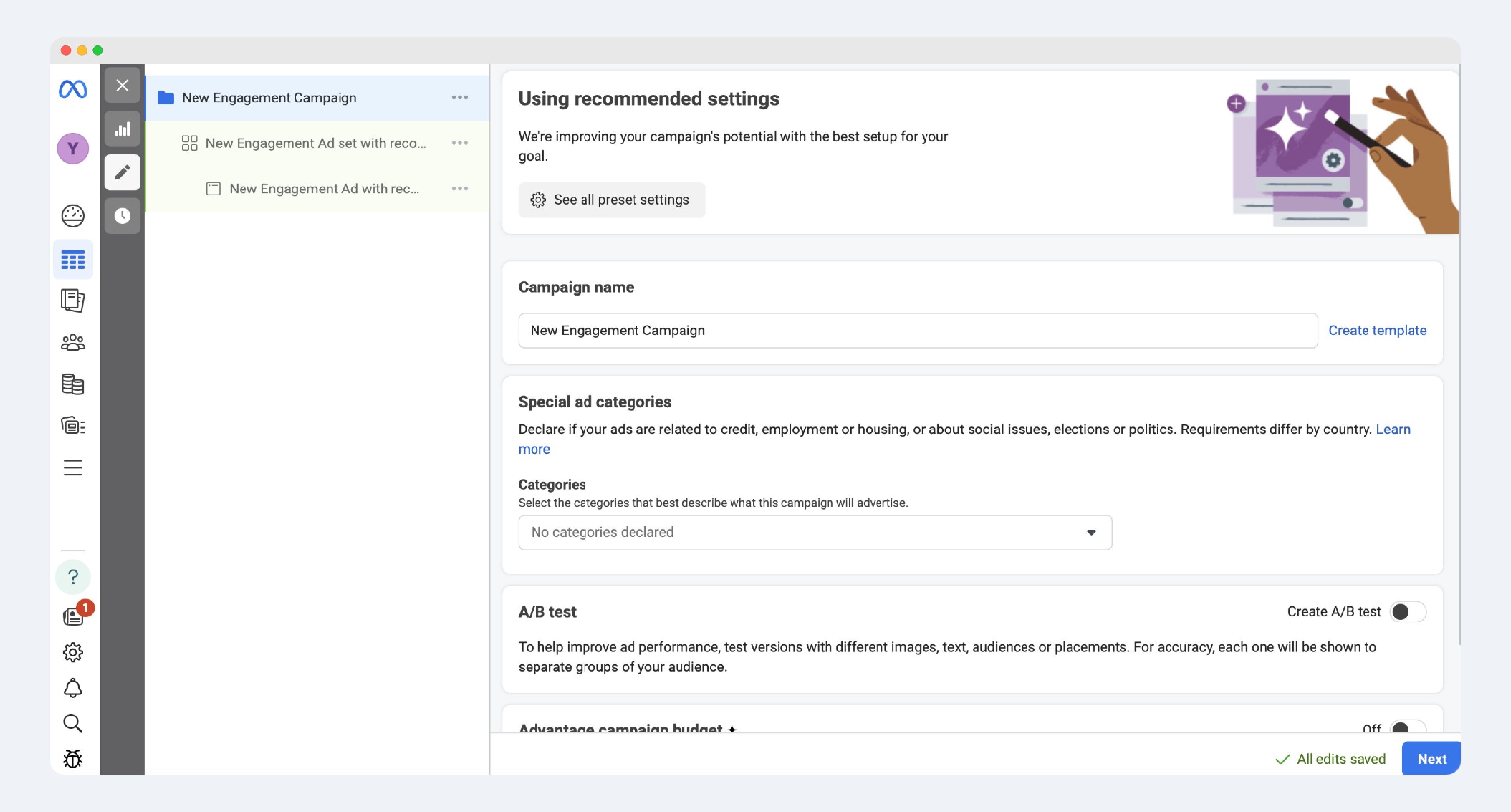 Meta Ads Manager campaign details settings