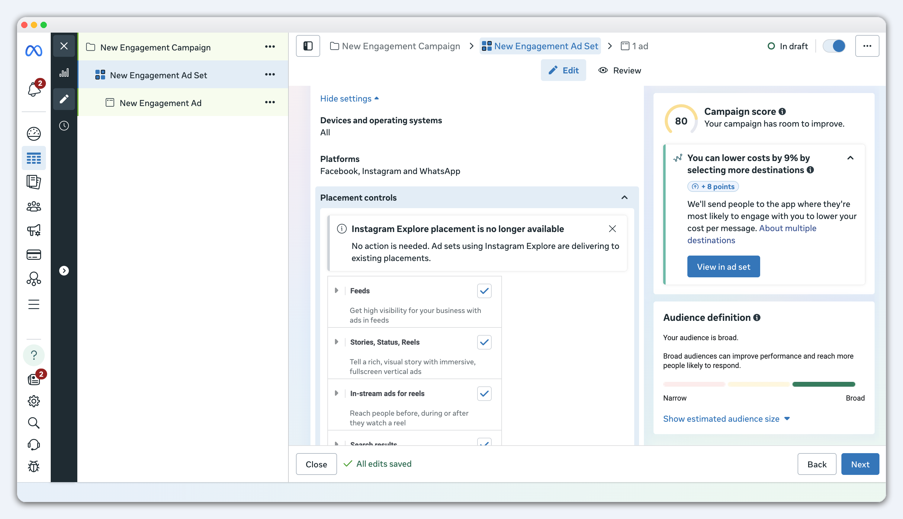 Настройки мест размещения группы объявлений в Meta Ads Manager