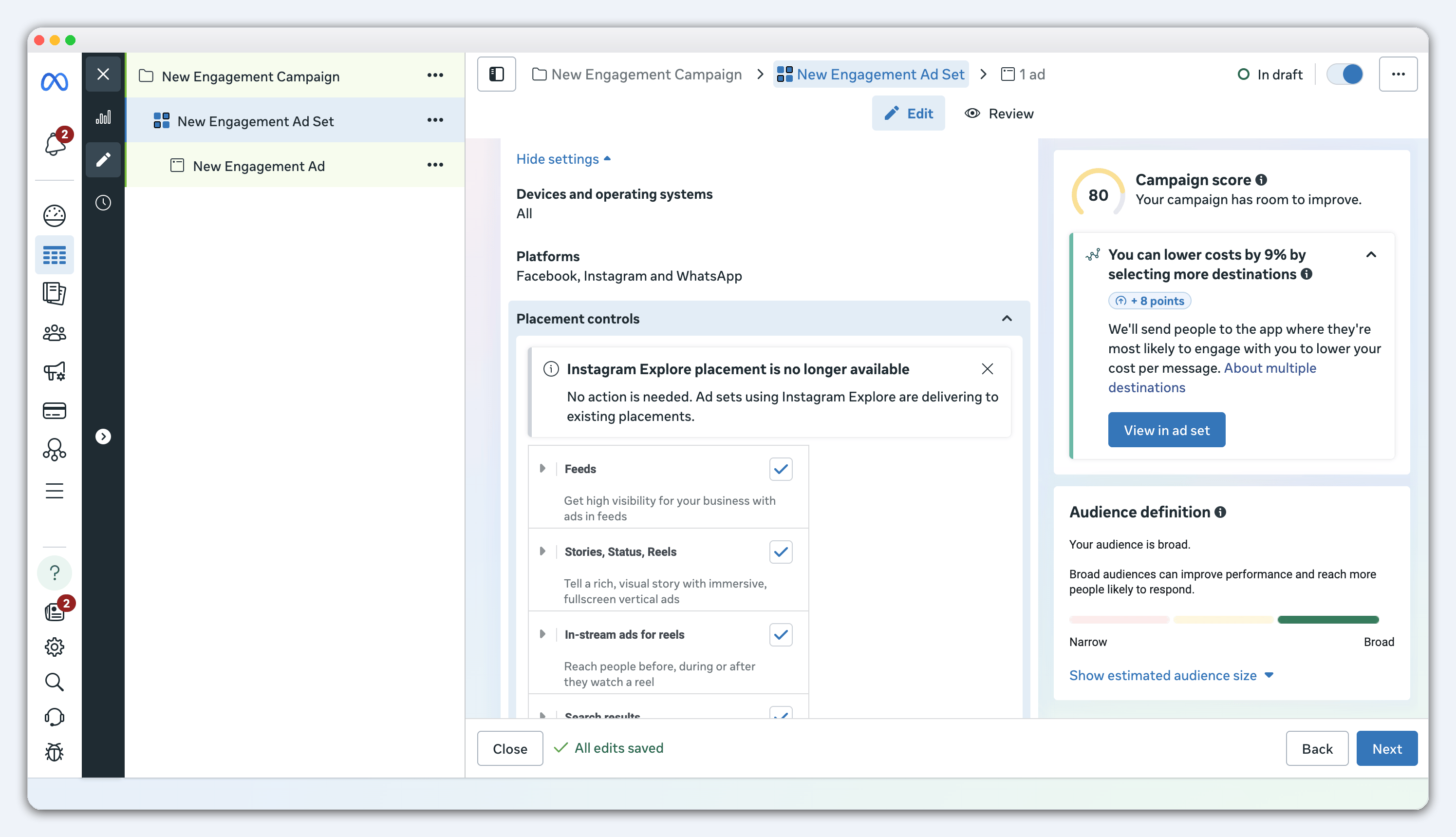 Meta Ads Manager ad set placement settings
