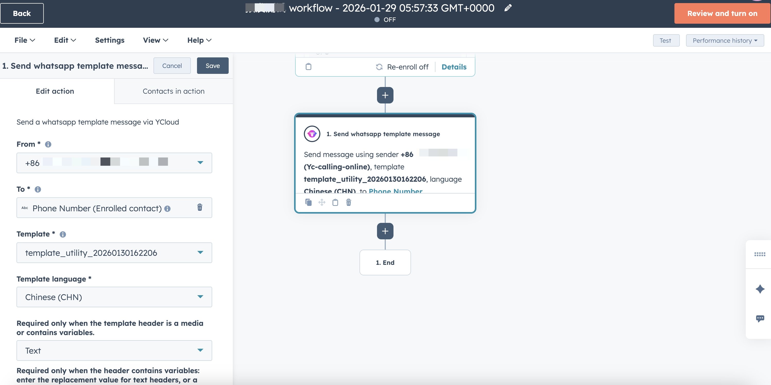 HubSpot 工作流编辑器显示包含发送方、收件人、模板和语言设置的 YCloud WhatsApp 模板操作。