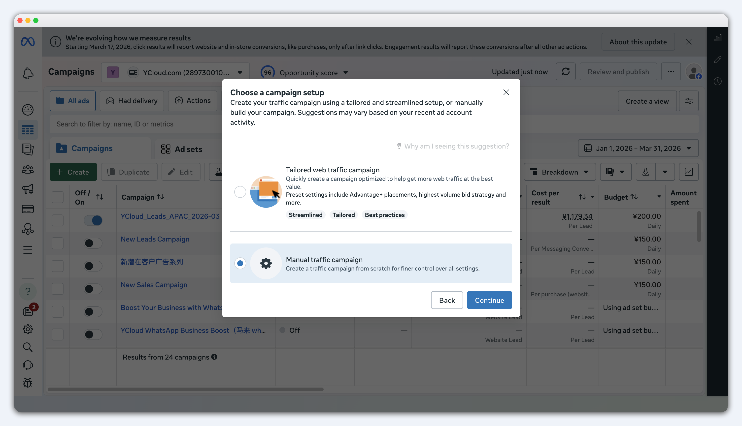 Настройка кампании в Meta Ads Manager с выбранным ручным режимом