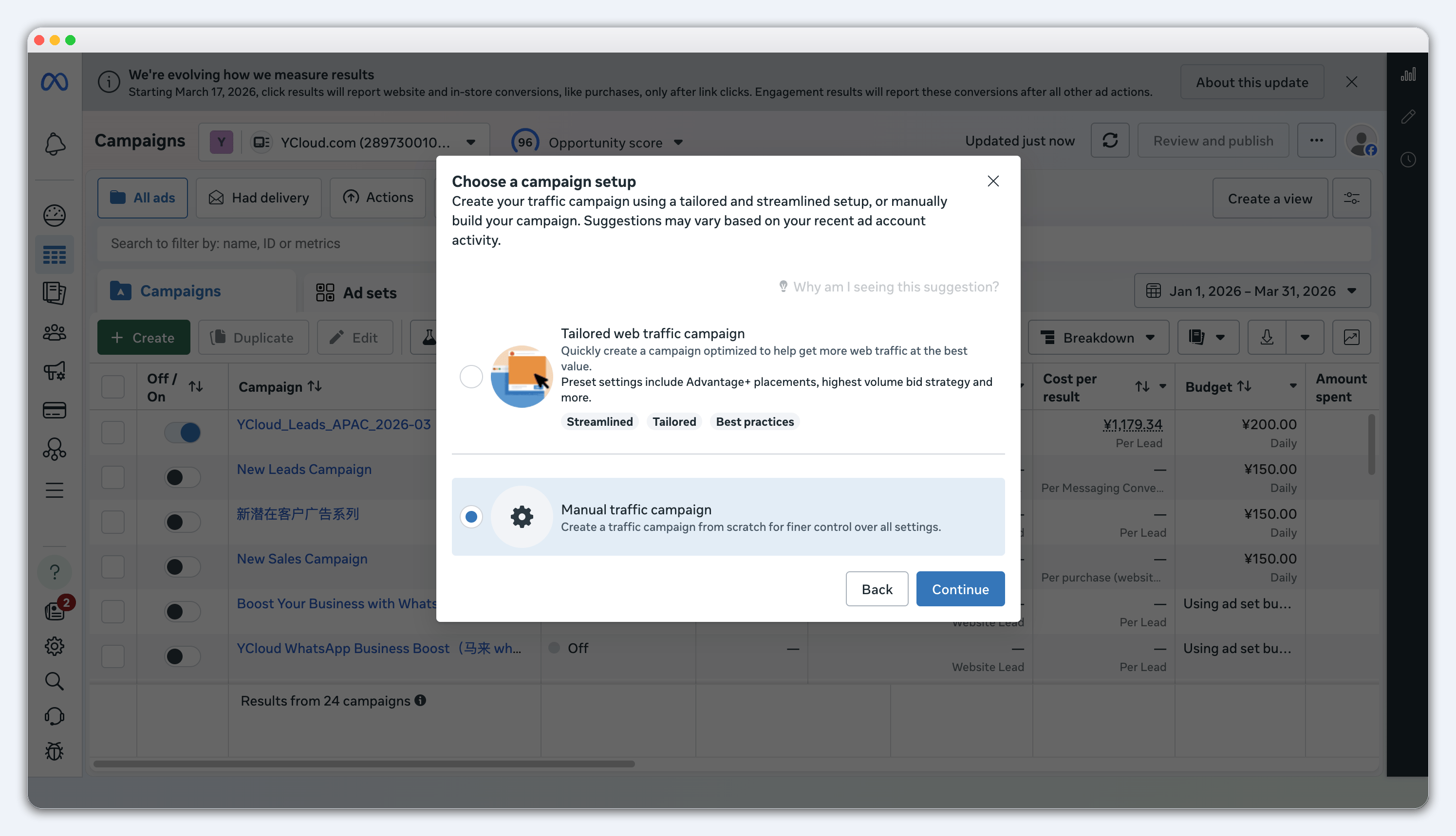 Meta Ads Manager campaign setup with Manual campaign selected