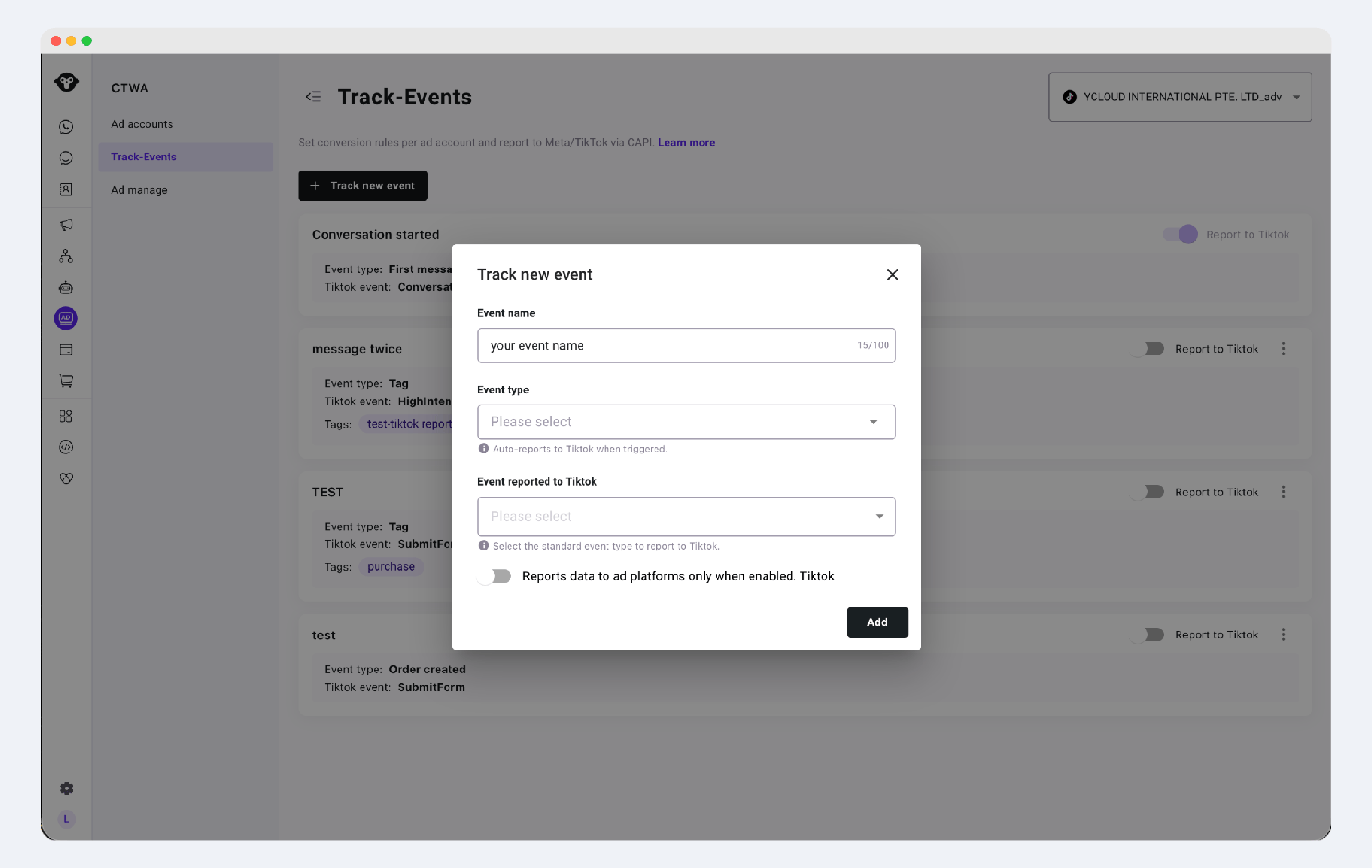 TikTok event selector in a YCloud tracking event