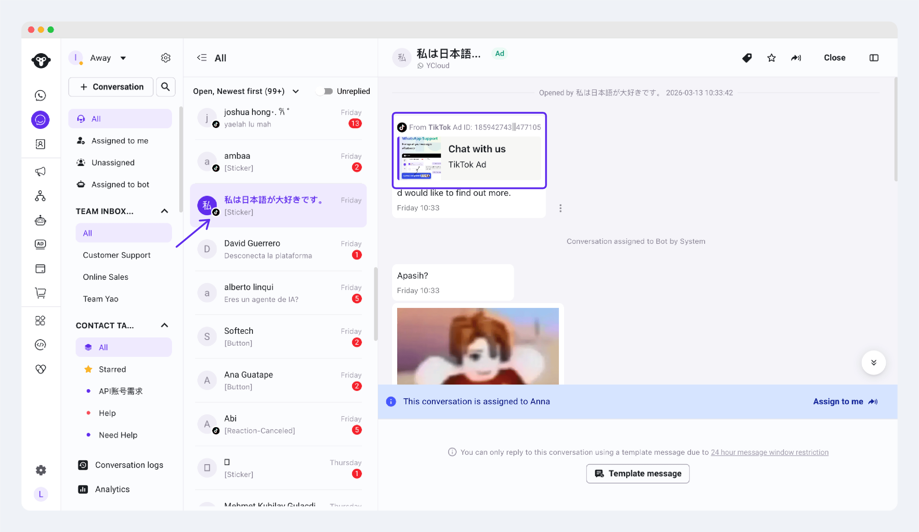Inbox de YCloud mostrando una conversación de un anuncio de TikTok