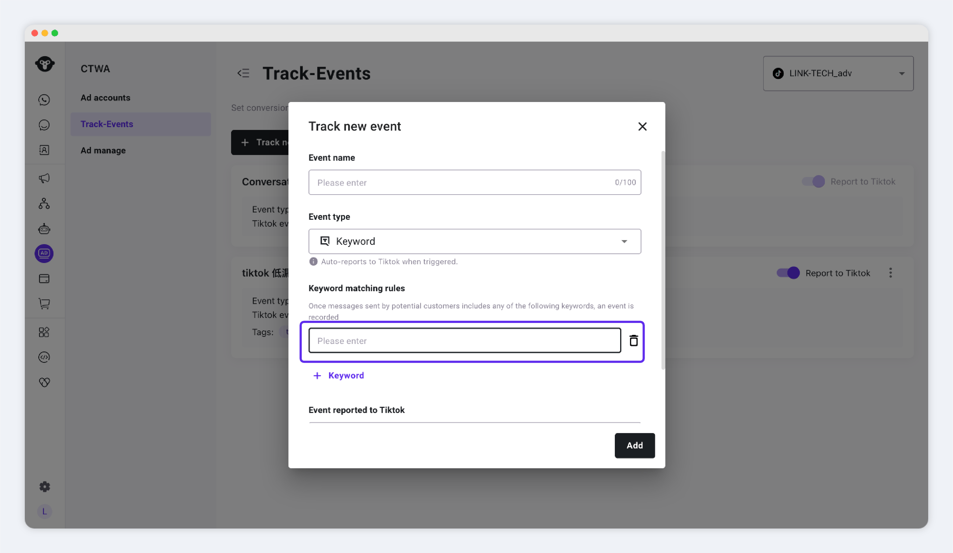 YCloud tracking event with conversation keywords entered