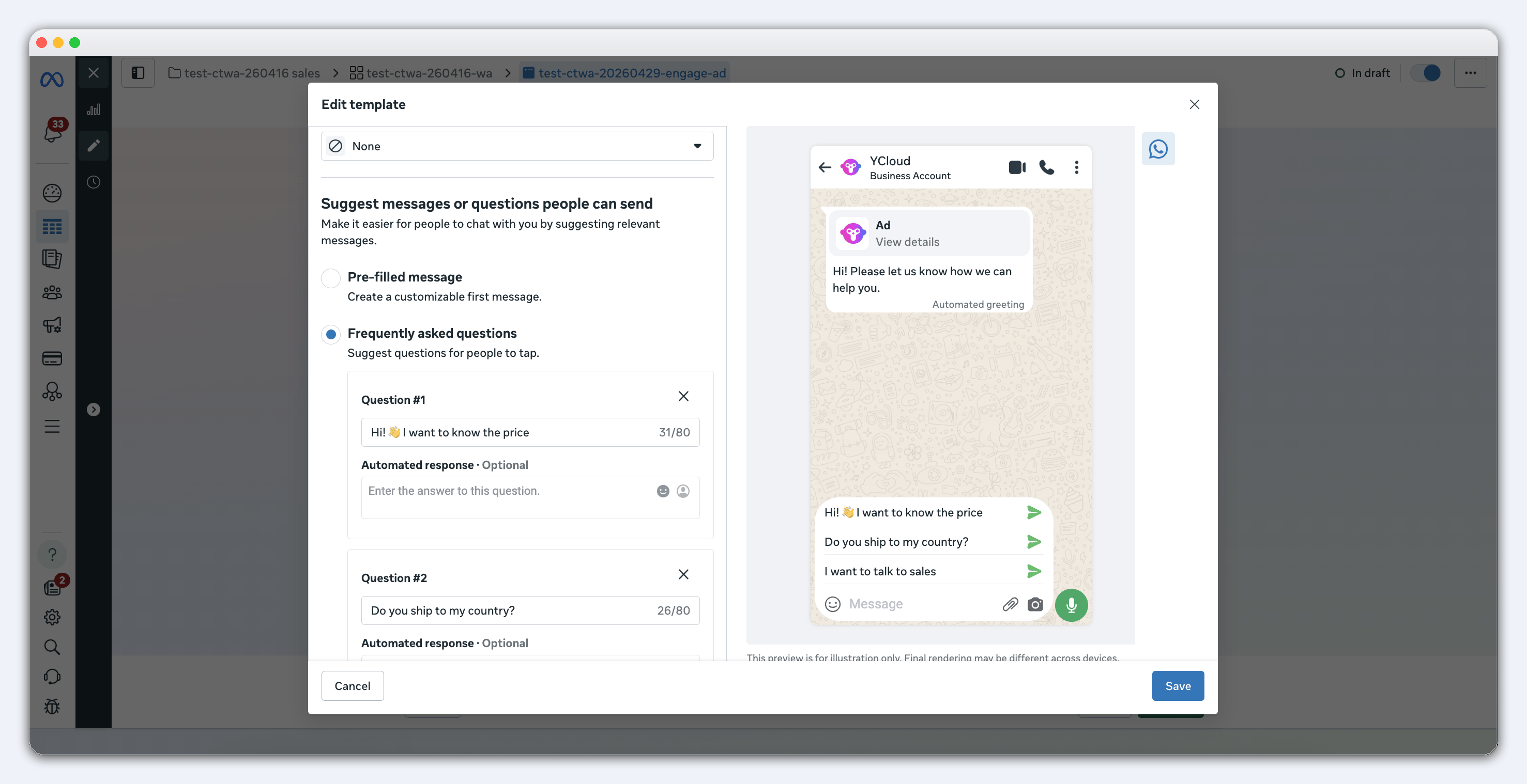 Meta Ads Manager message template with frequently asked questions