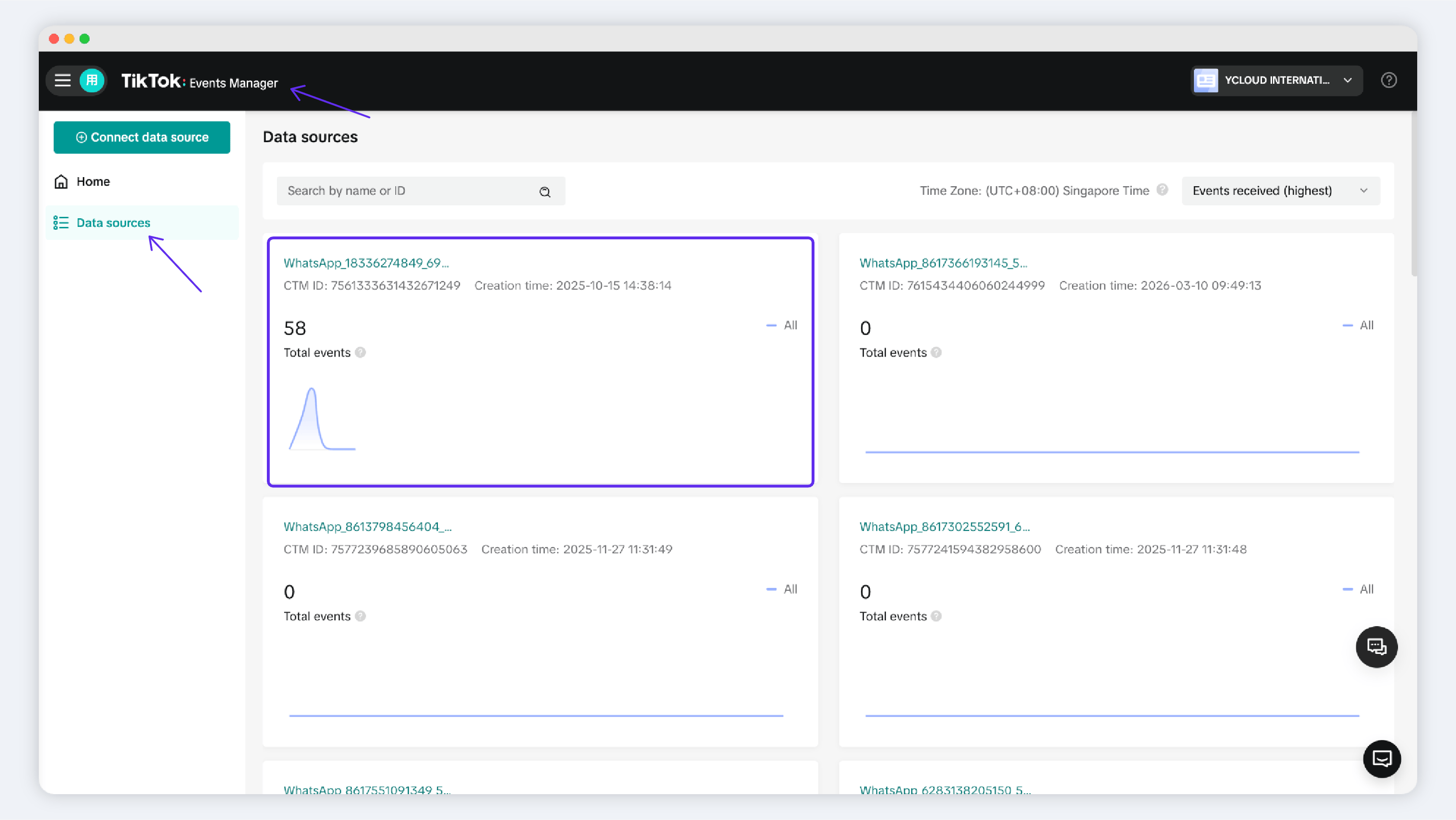 TikTok Events Manager showing a WhatsApp messaging event data source