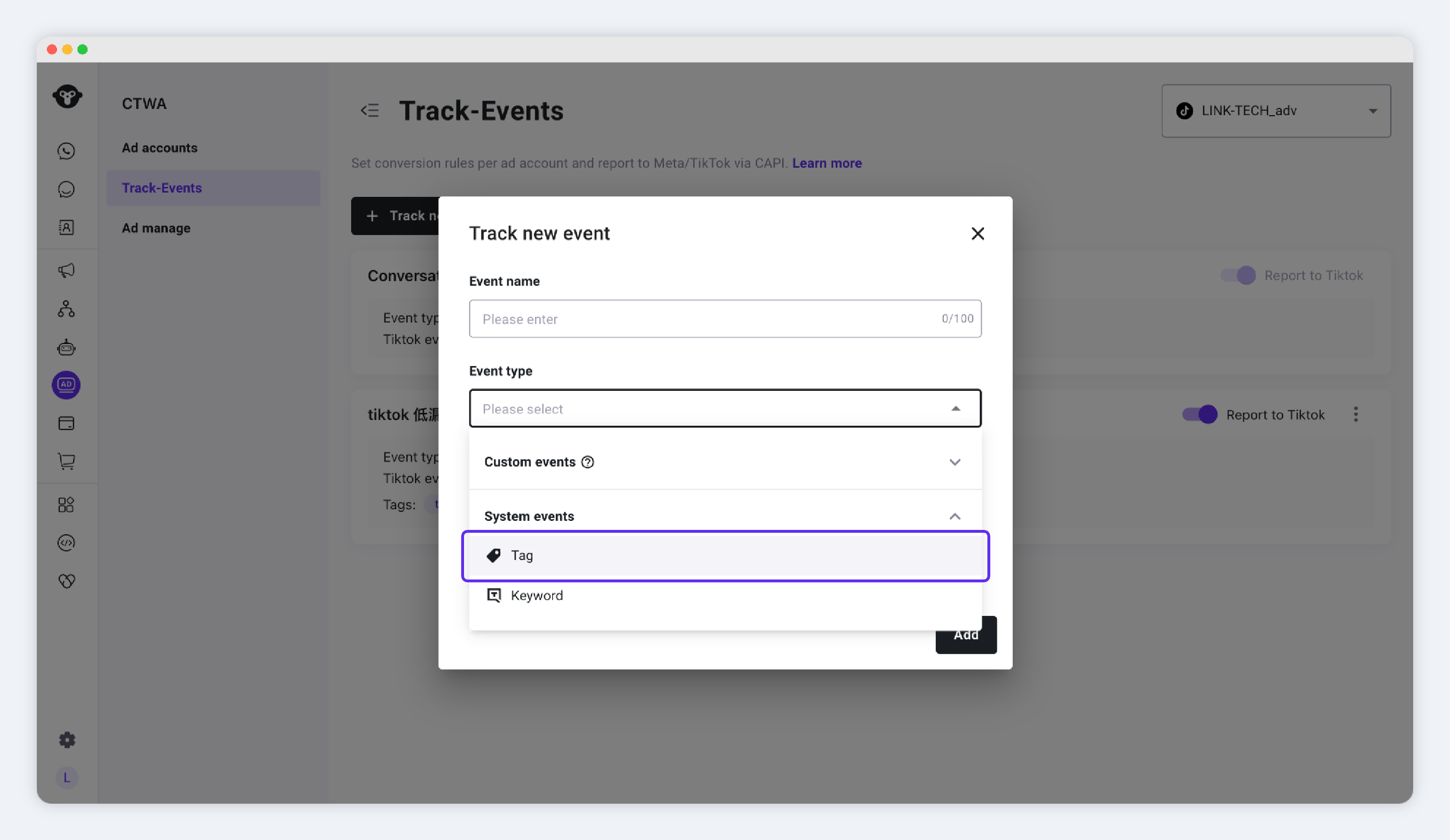Редактор событий отслеживания YCloud с выбранным Contact tag