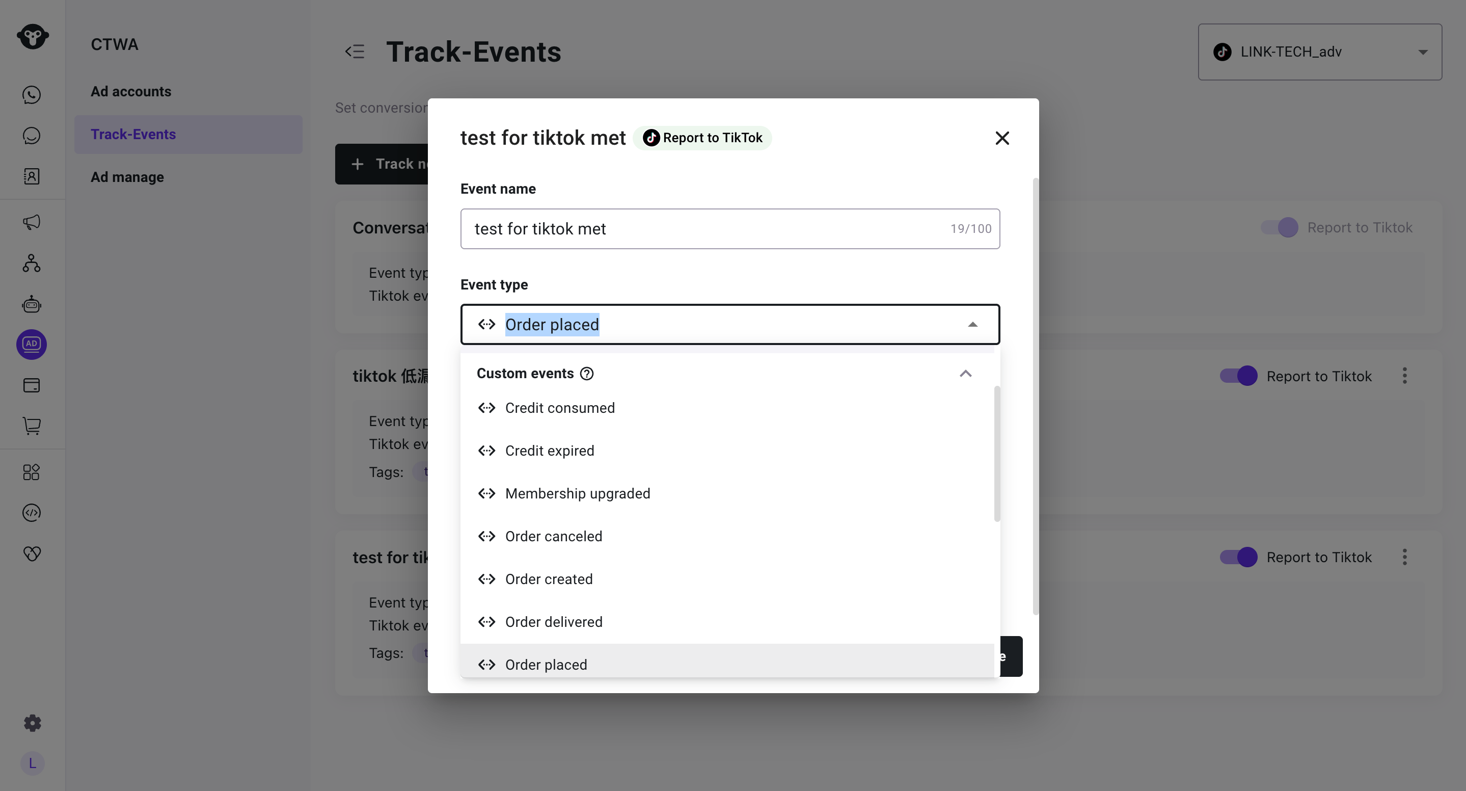 YCloud TikTok tracking event using a custom event trigger