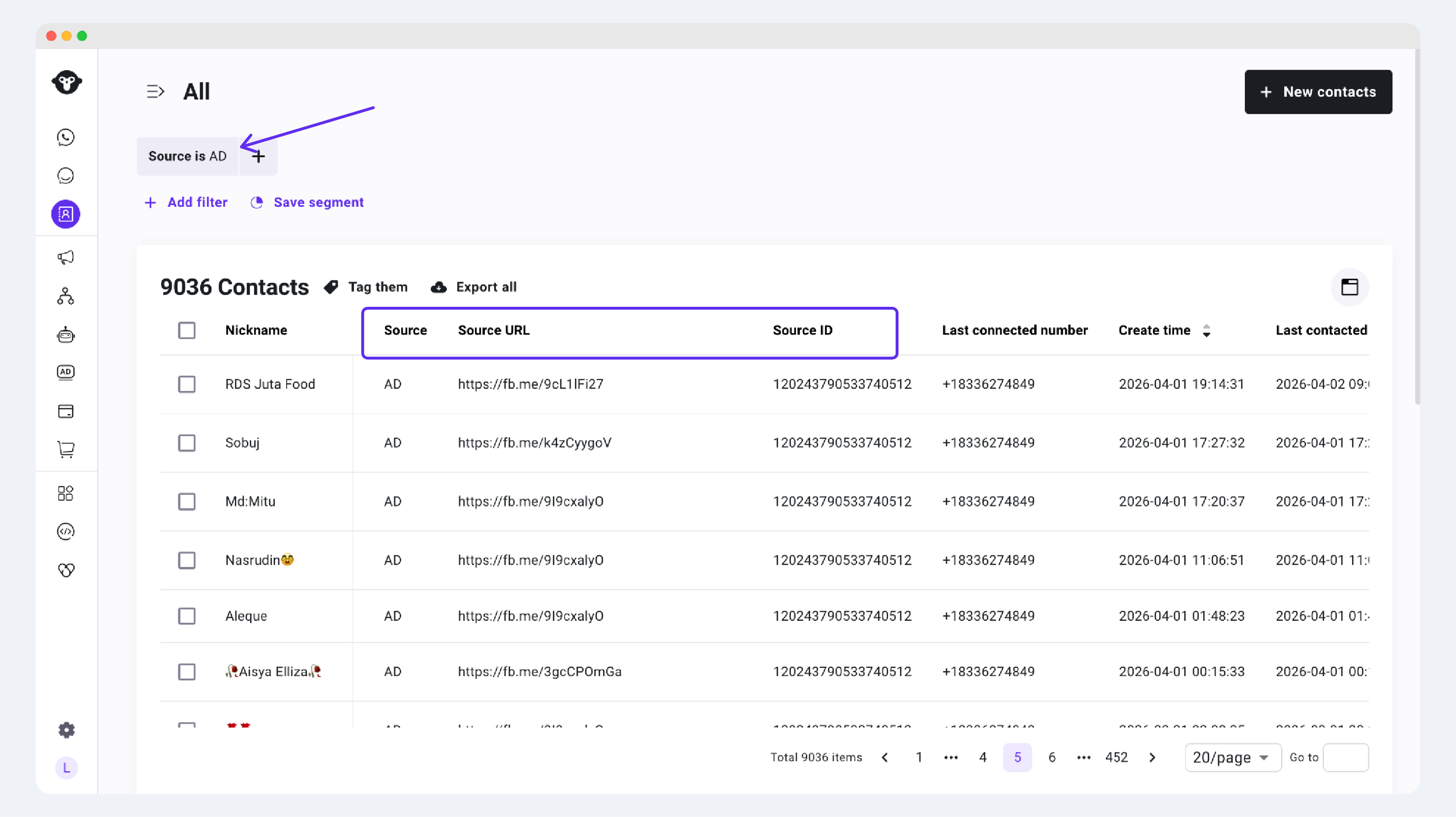 Карточка контакта YCloud с полями Источник, URL источника и ID источника для рекламы Meta