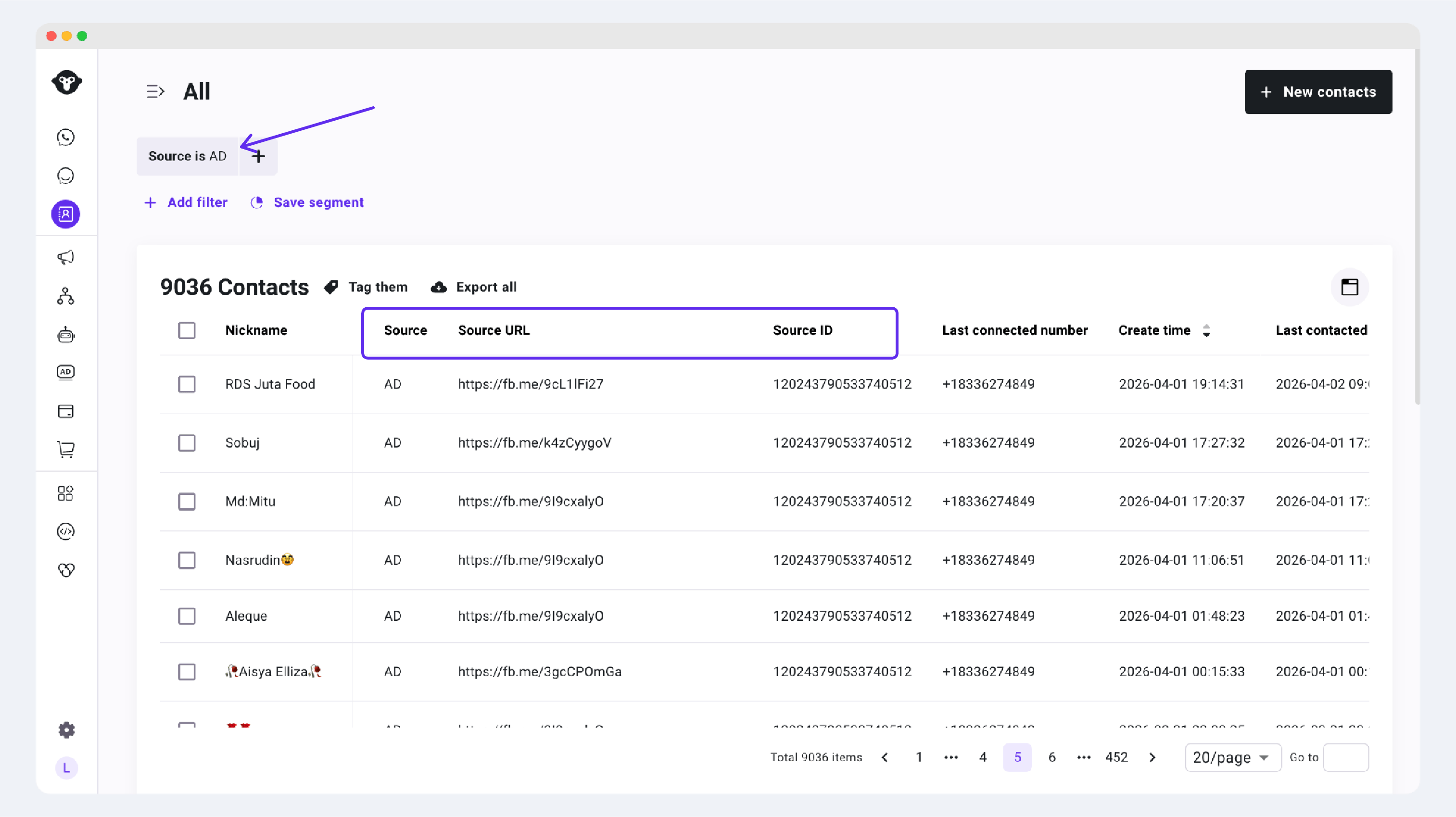Registro de contacto de YCloud mostrando Fuente, URL de origen y ID de origen para un anuncio de Meta