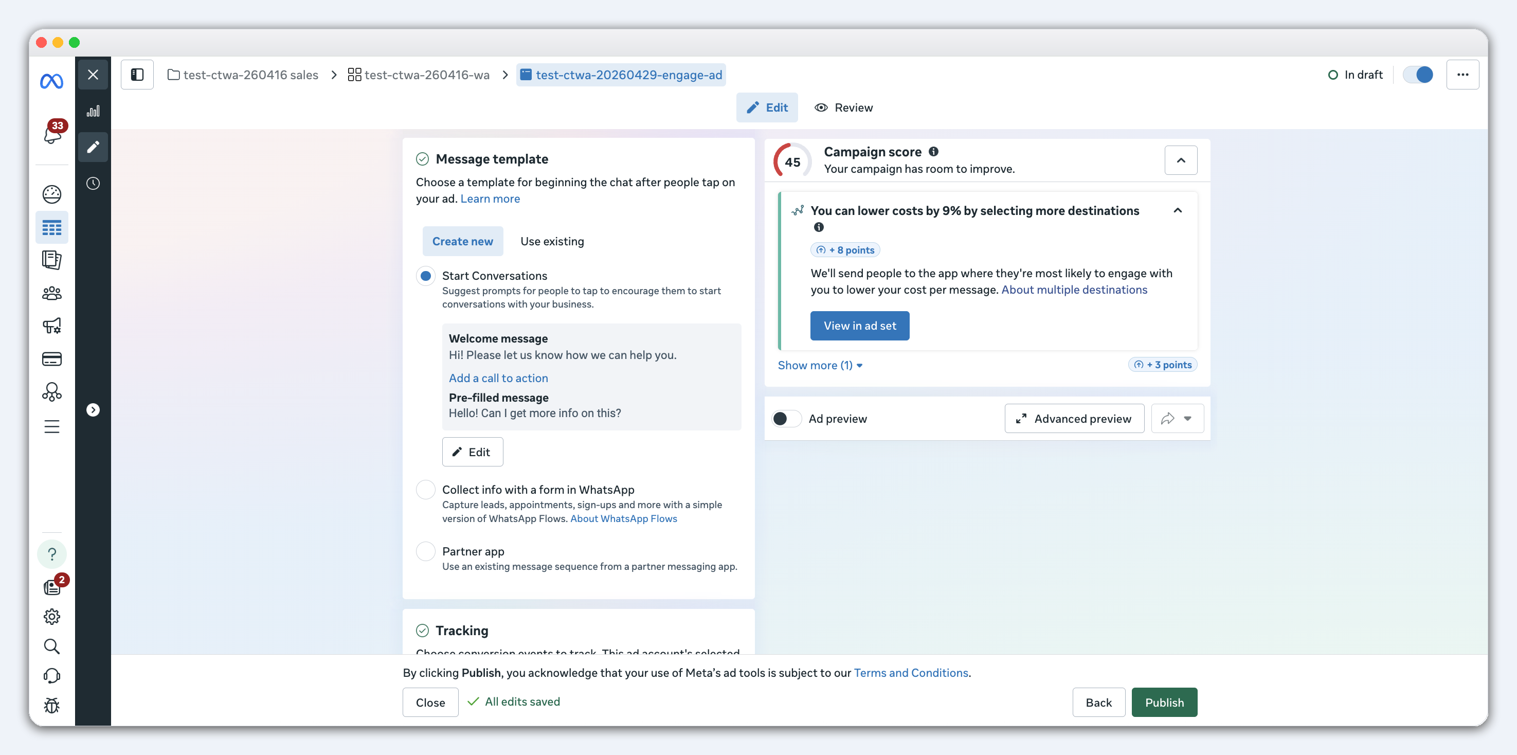 Настройки рекламных креативов в Meta Ads Manager для рекламы Click-to-WhatsApp