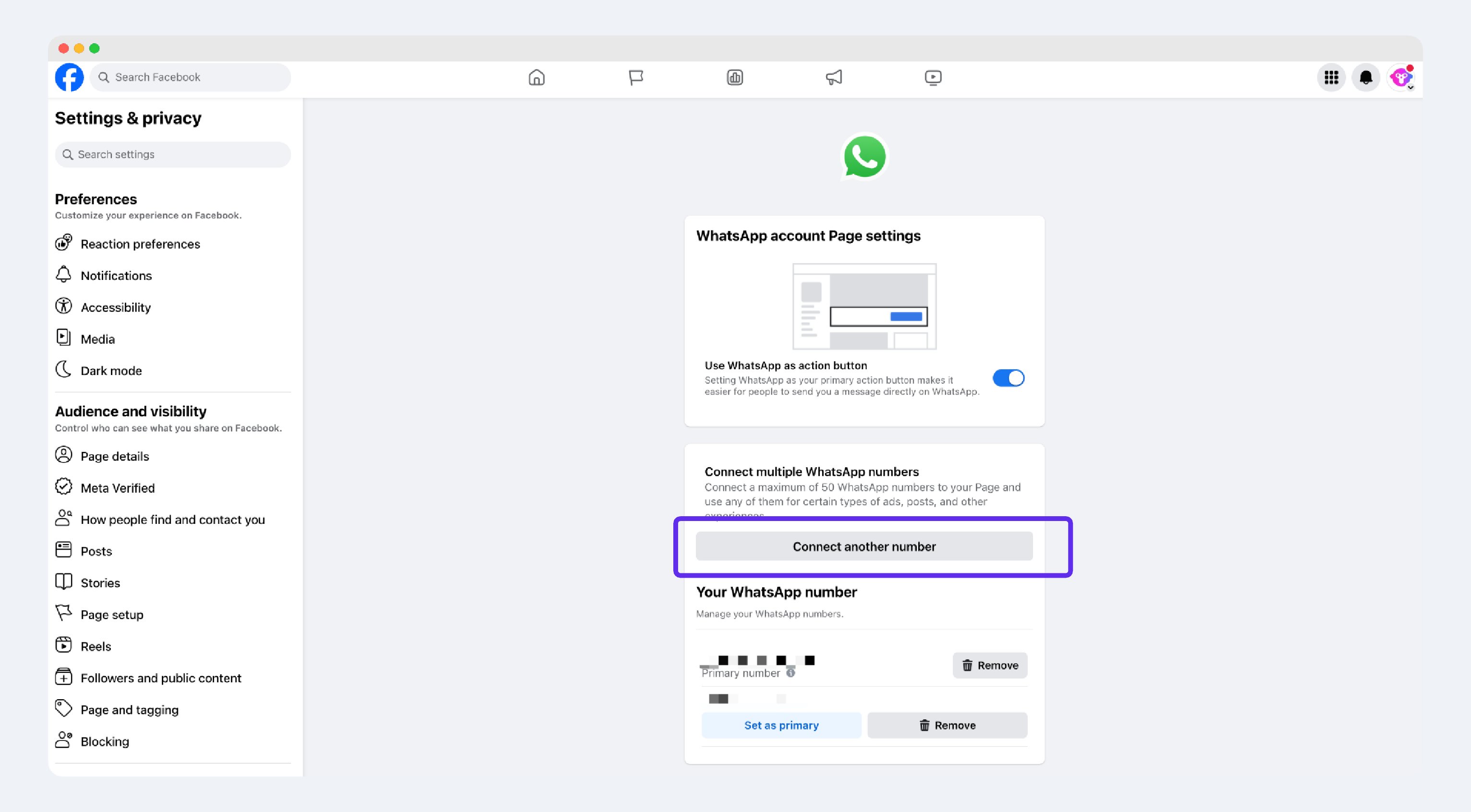 Facebook Page settings for linking a WhatsApp number