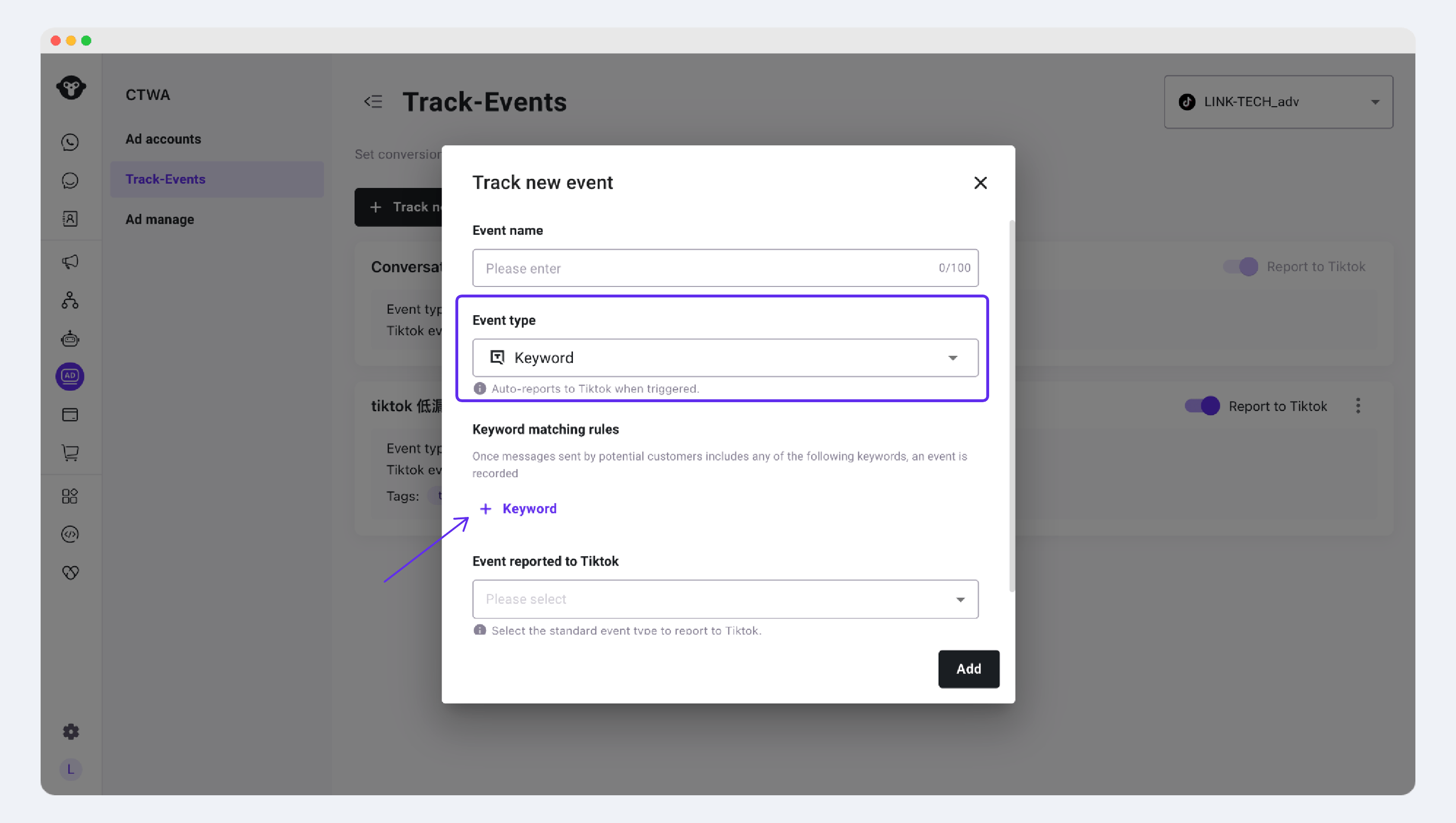 YCloud tracking-event editor with conversation keyword selected