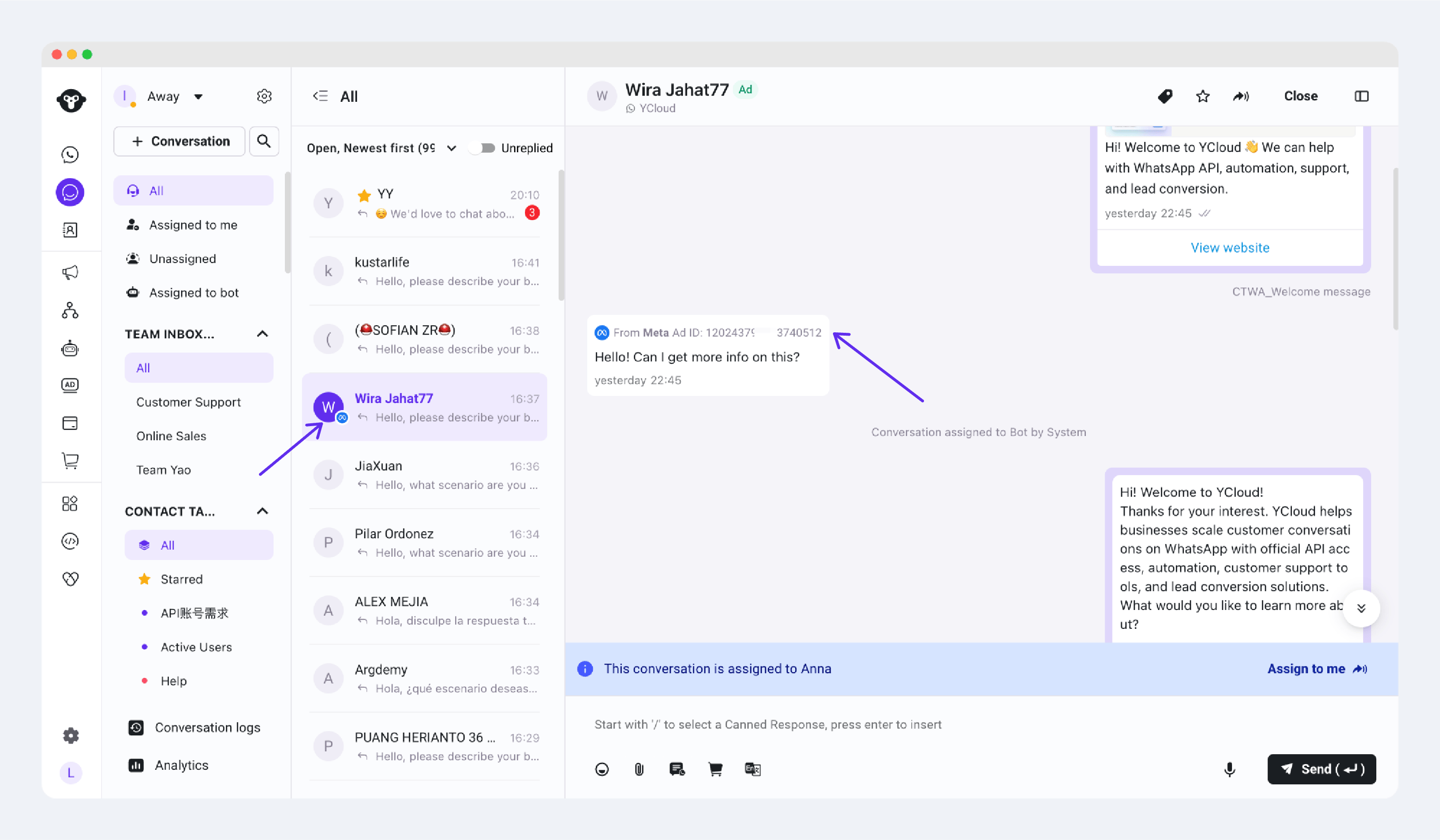 Inbox de YCloud mostrando una conversación de un anuncio de Meta