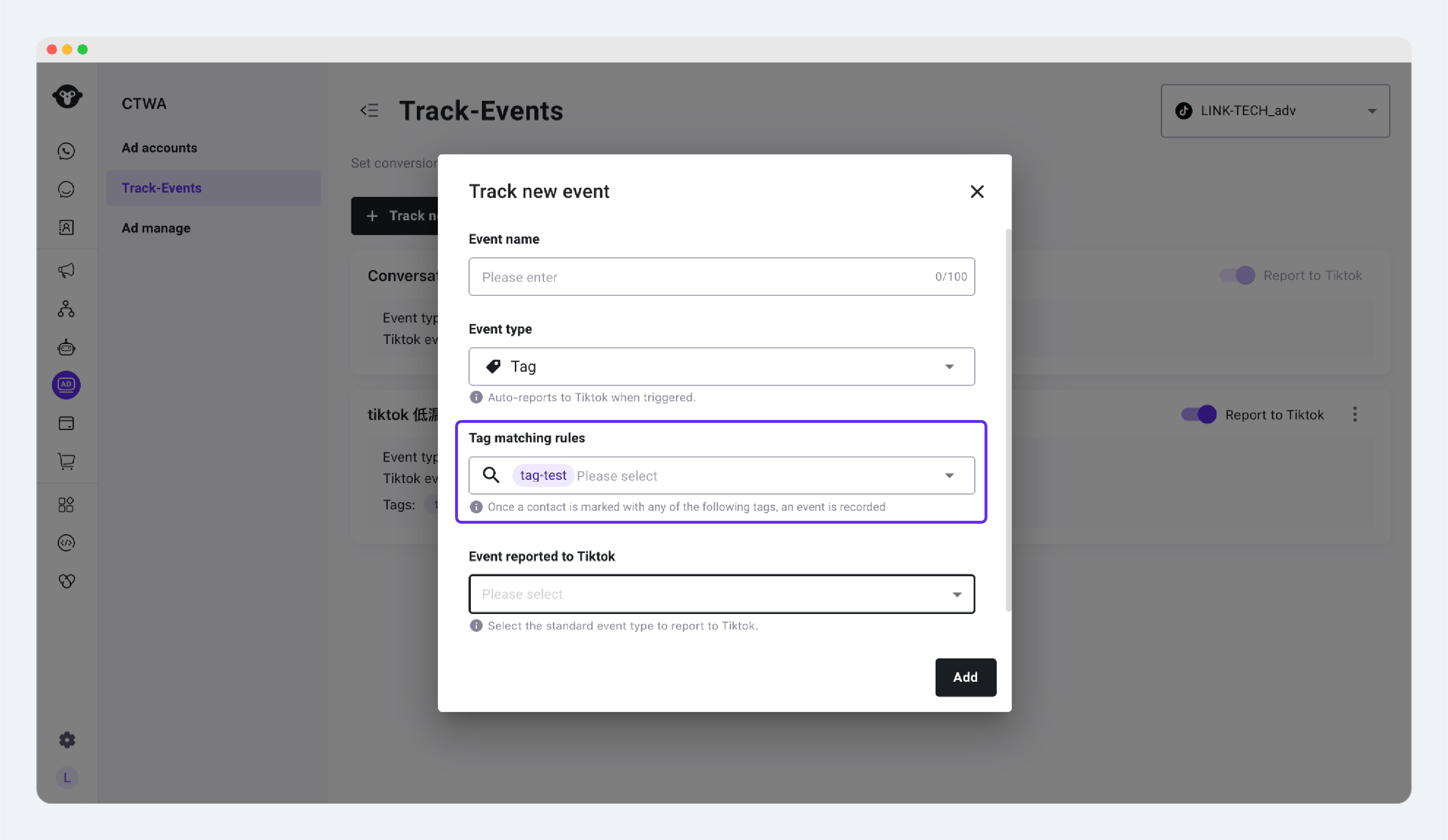 YCloud tracking-event editor with a contact tag value entered