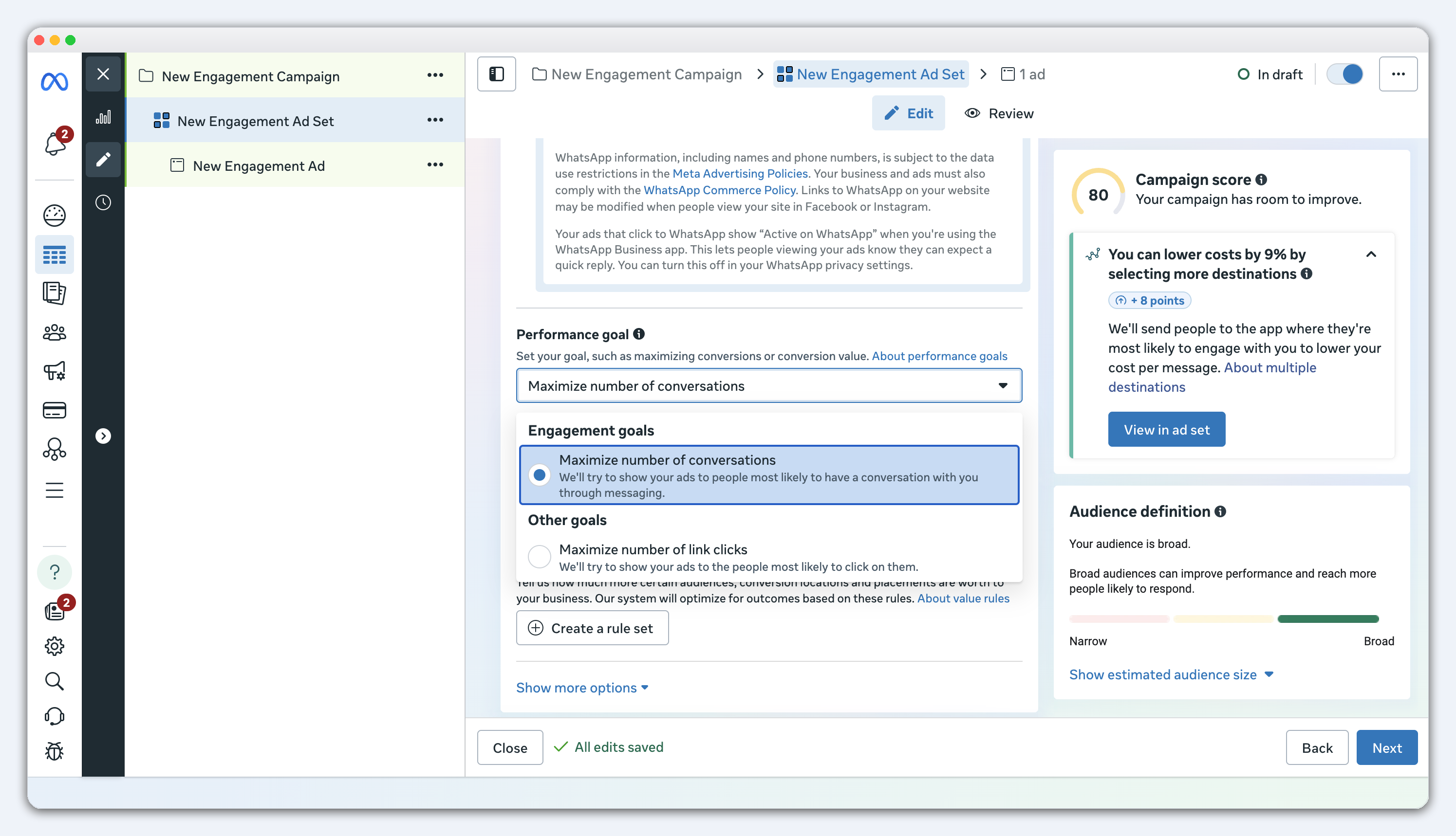 Выбор цели результативности в Meta Ads Manager с выбранным вариантом «Максимум переписок»