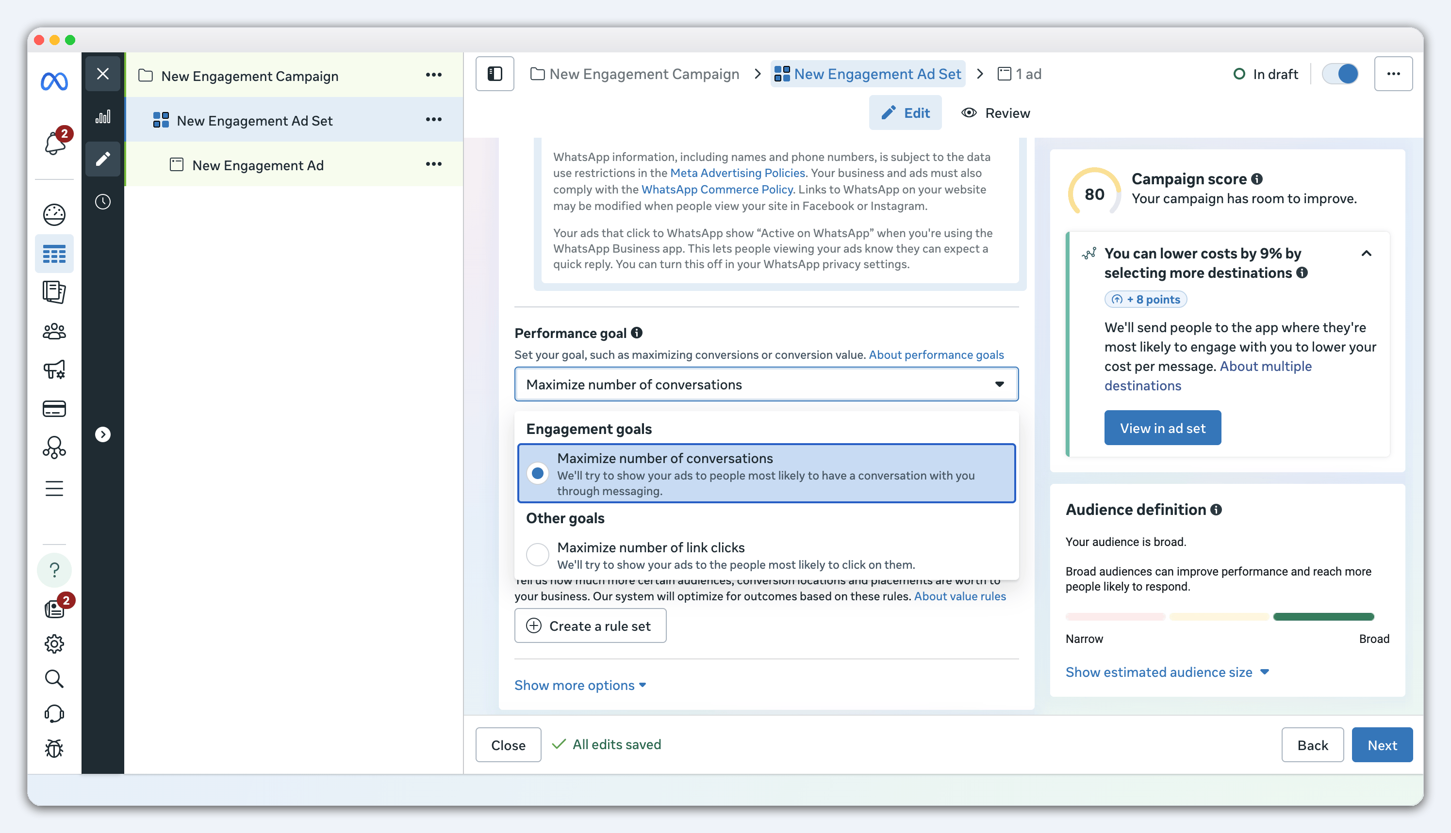 Meta Ads Manager performance goal selector with Maximize number of conversations selected
