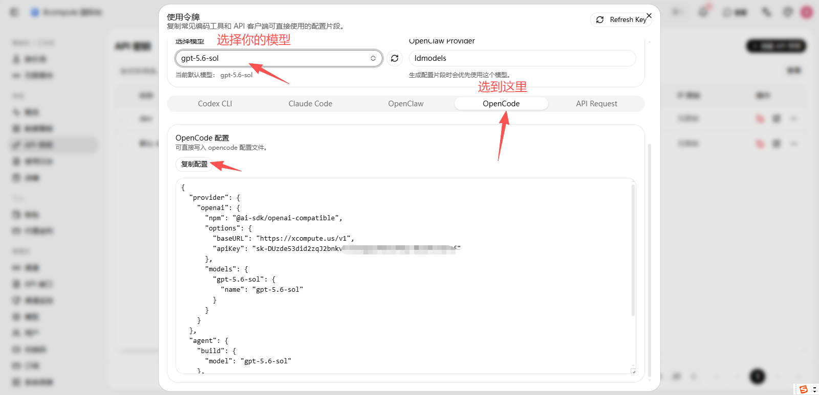 Xcompute 使用令牌窗口中的 OpenCode 配置