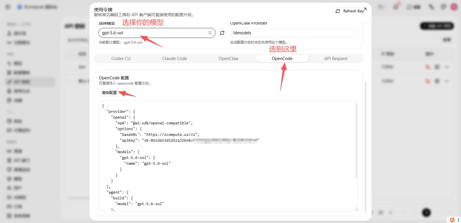 Xcompute 使用令牌窗口中的 OpenCode 配置