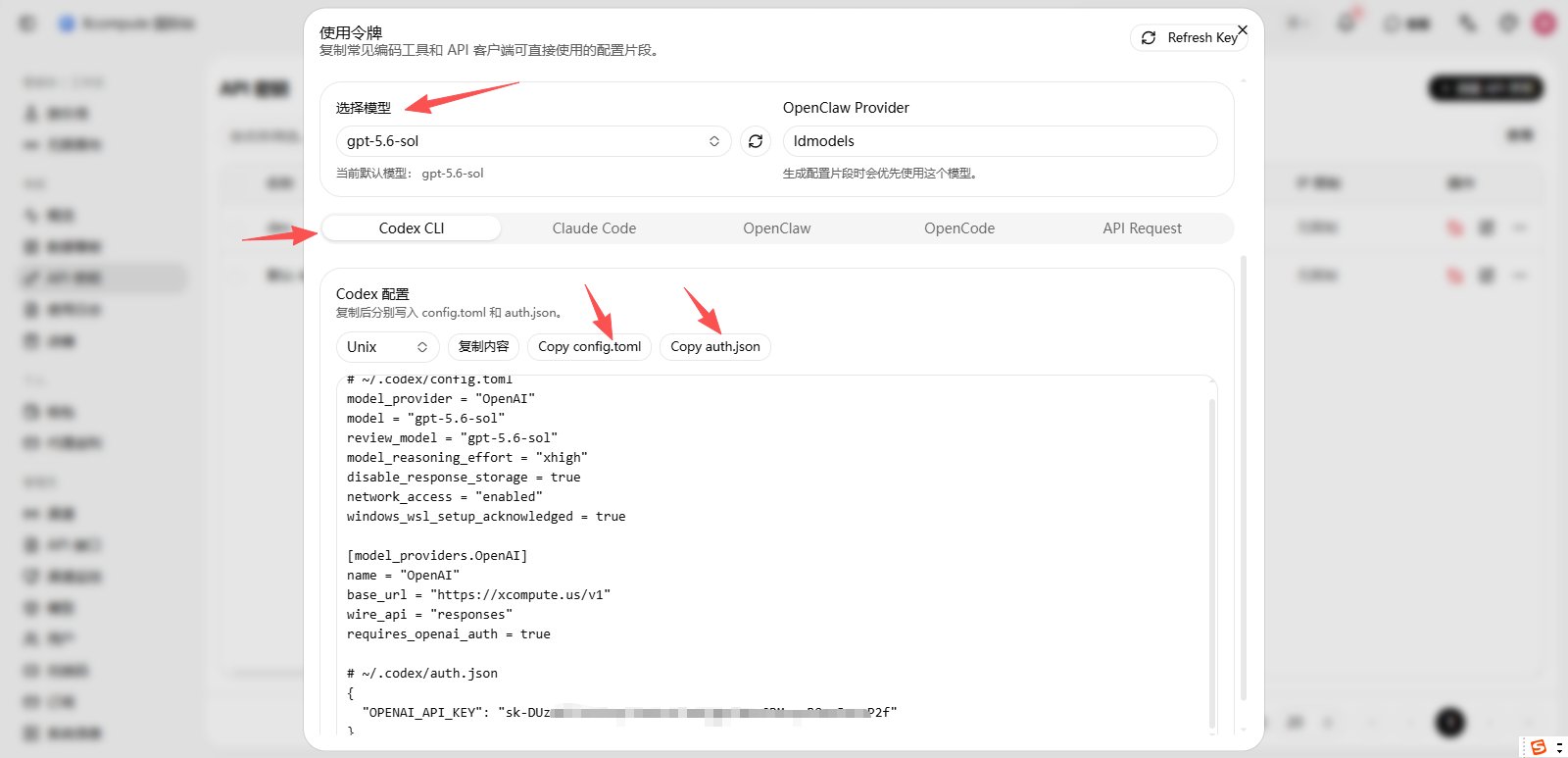 Xcompute 控制台中的 Codex CLI 配置复制入口