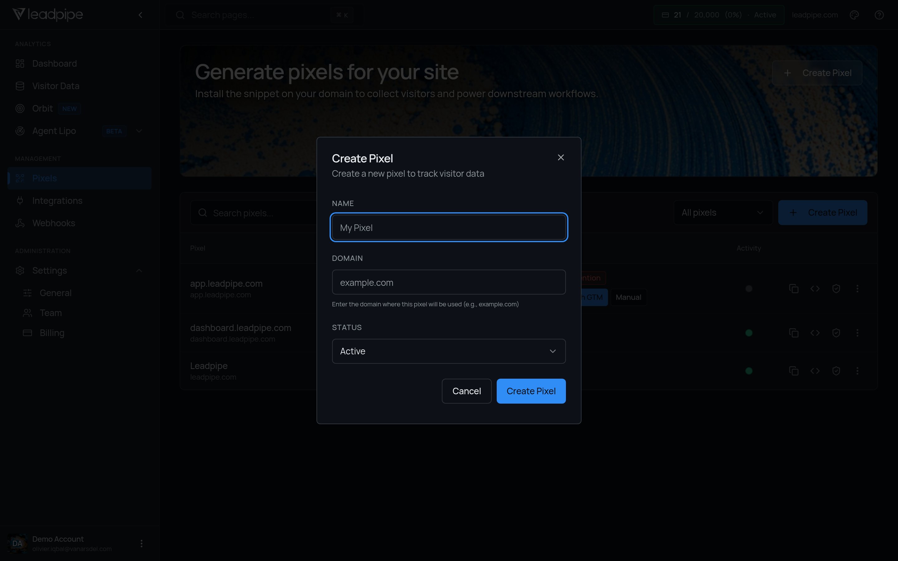 Create Pixel dialog