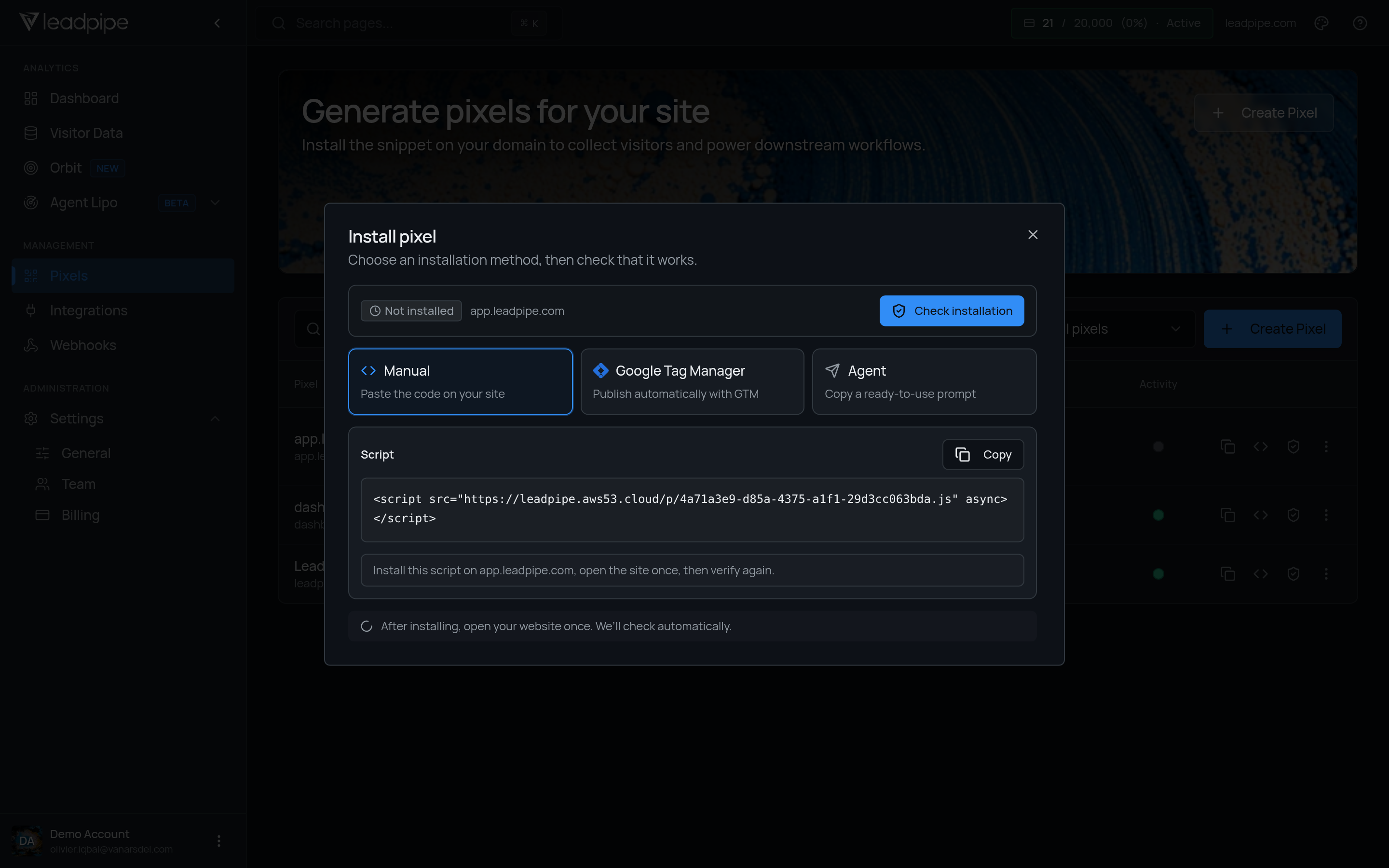 Pixel installation dialog