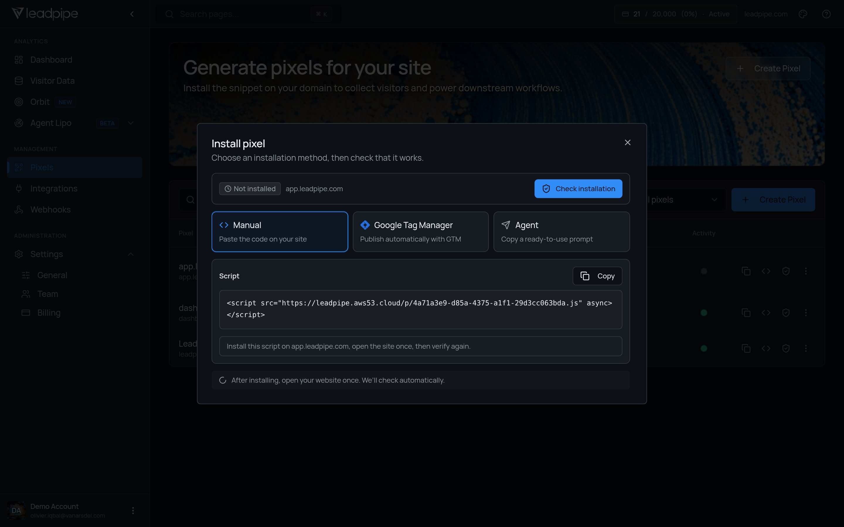 Pixel installation dialog