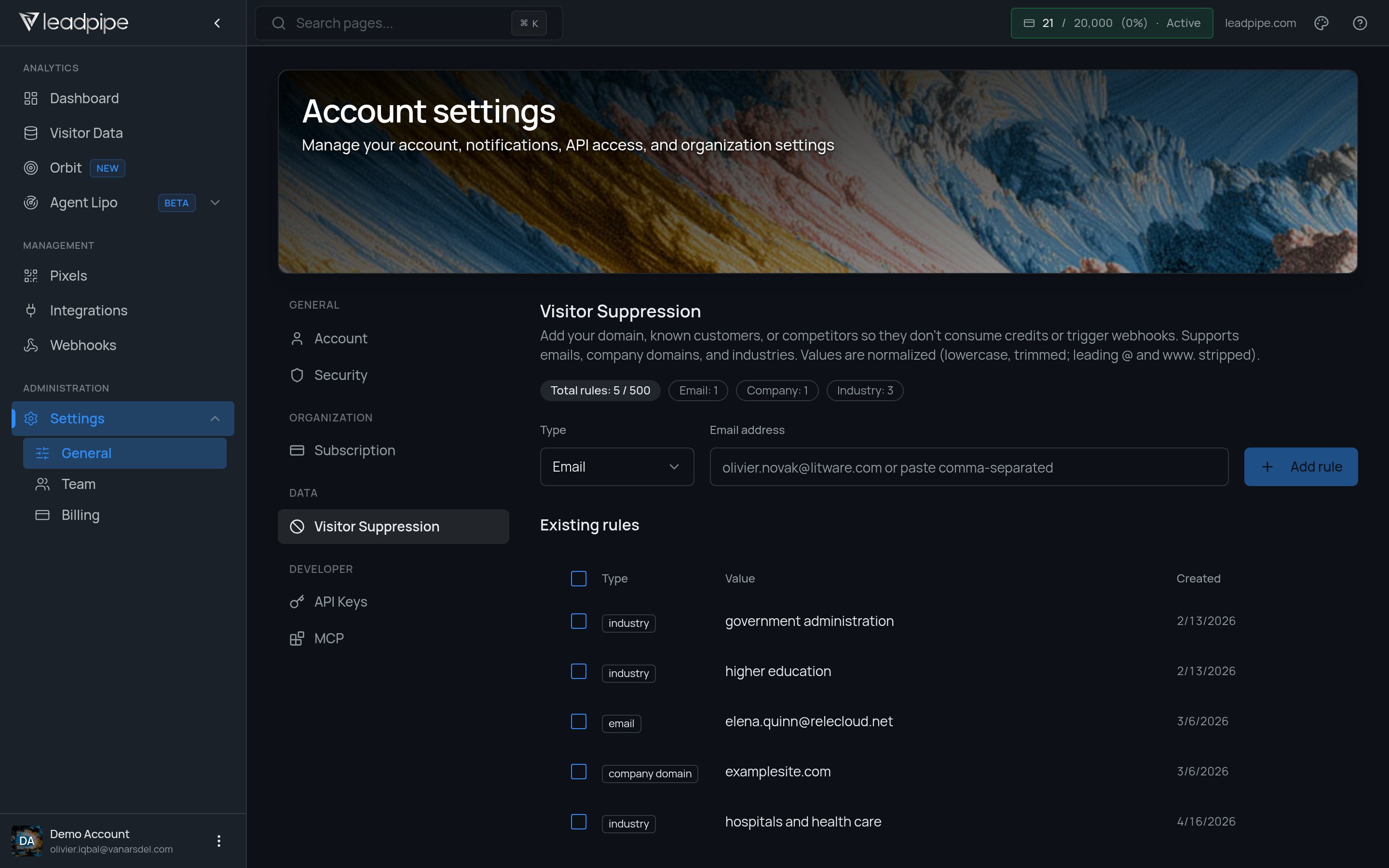 Visitor suppression settings