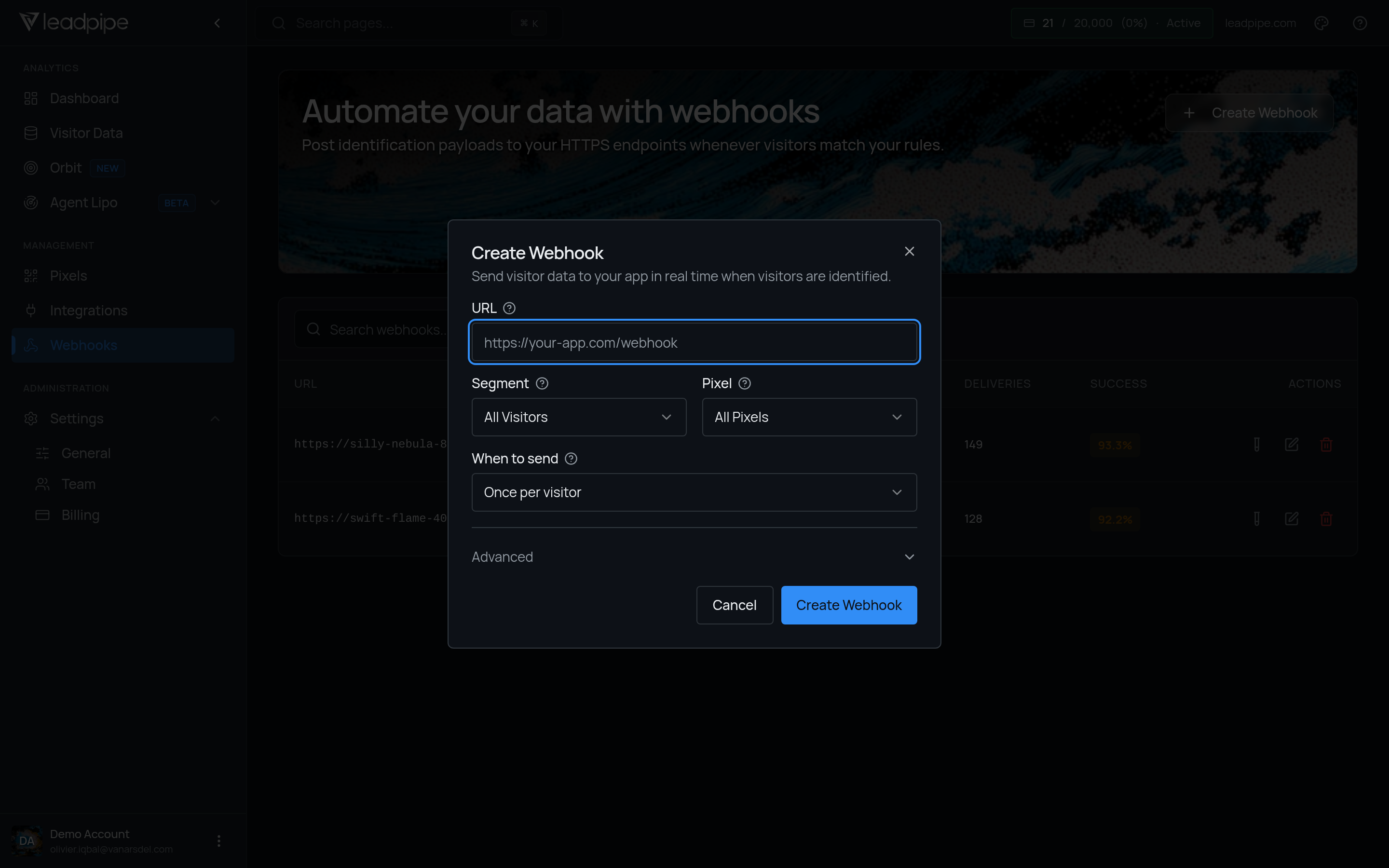Create Webhook dialog