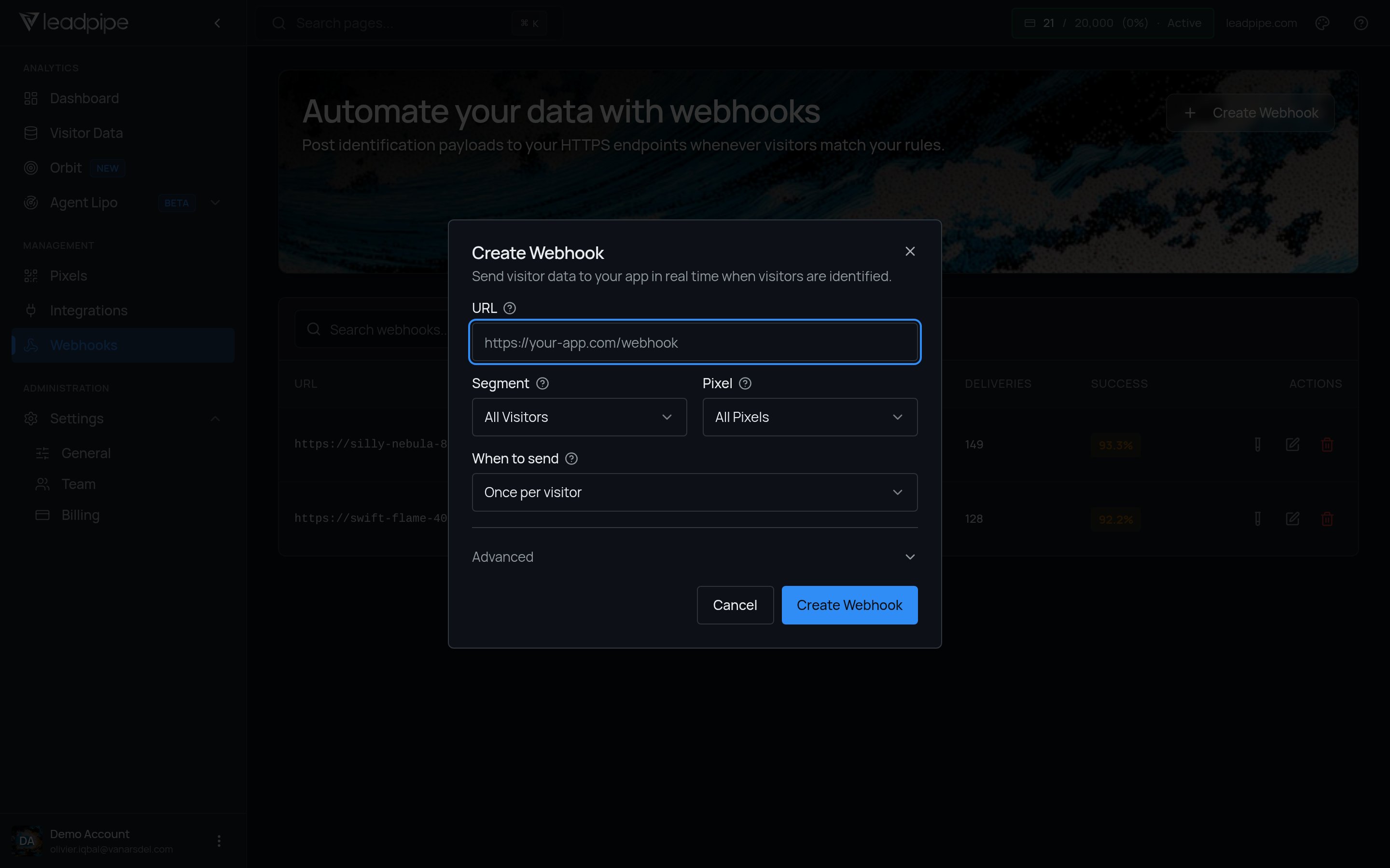 Create Webhook dialog